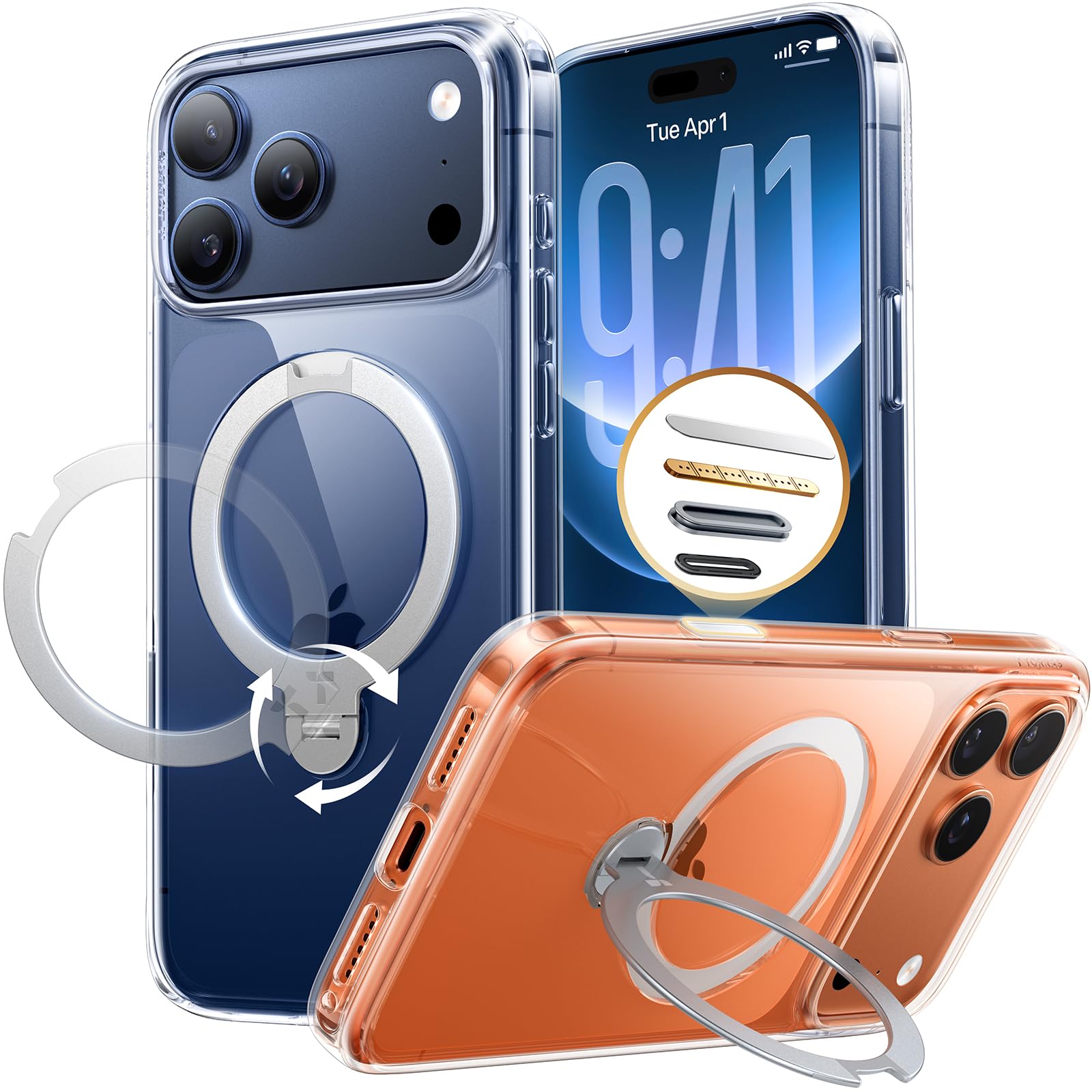 Photo 1 of TORRAS 360 Magnetic Stand for iPhone 17 Pro Max Case, Camera Control, Fit for MagSafe, Non-Yellowing Case for 17 Pro Max Phone Case with Kickstand, Hard PC Protection, Clear, Q3 Spin