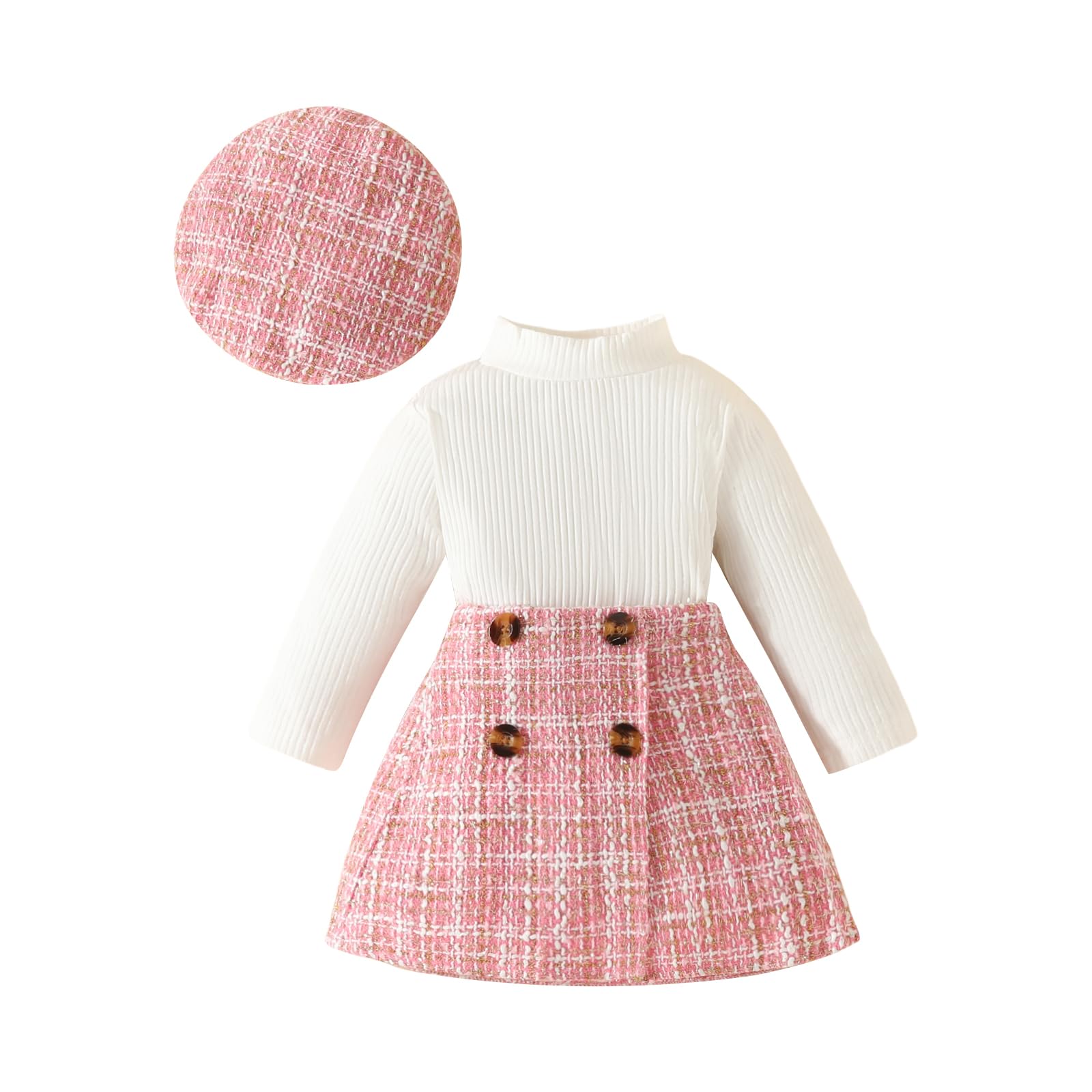 Photo 1 of VISGOGO Toddler Girl Skirts Outfit Ribbed Long Sleeve Tops Plaid Tweed Pattern Skirt Beret Fall 3Pcs Clothes (Pink, 18-24 Months)