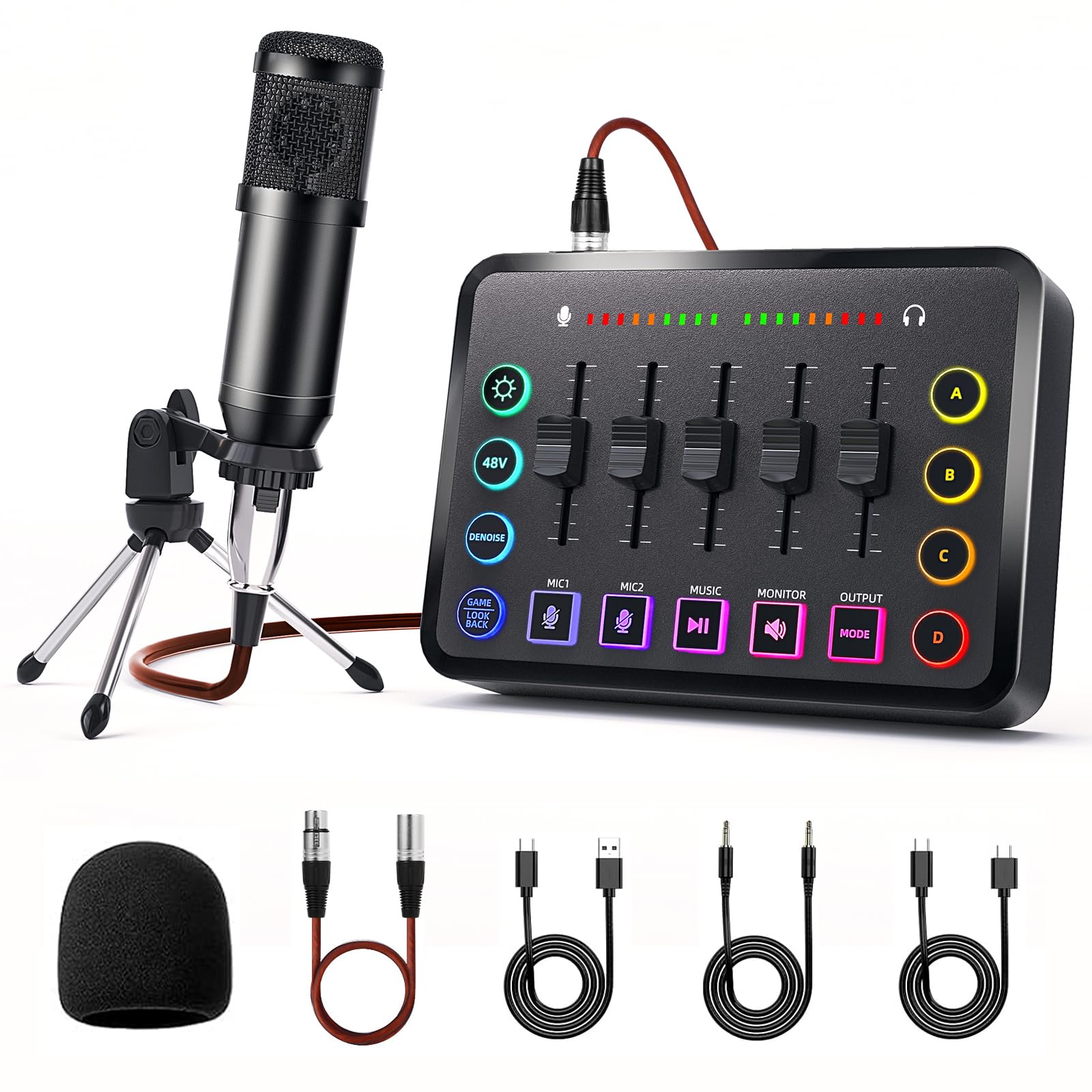 Podcast Microphone Mixing Console Bundle, comprising an audio mixer and live streaming microphone, All-in-One DJ Mixer，suitable for video production, live streaming, and game voiceovers.