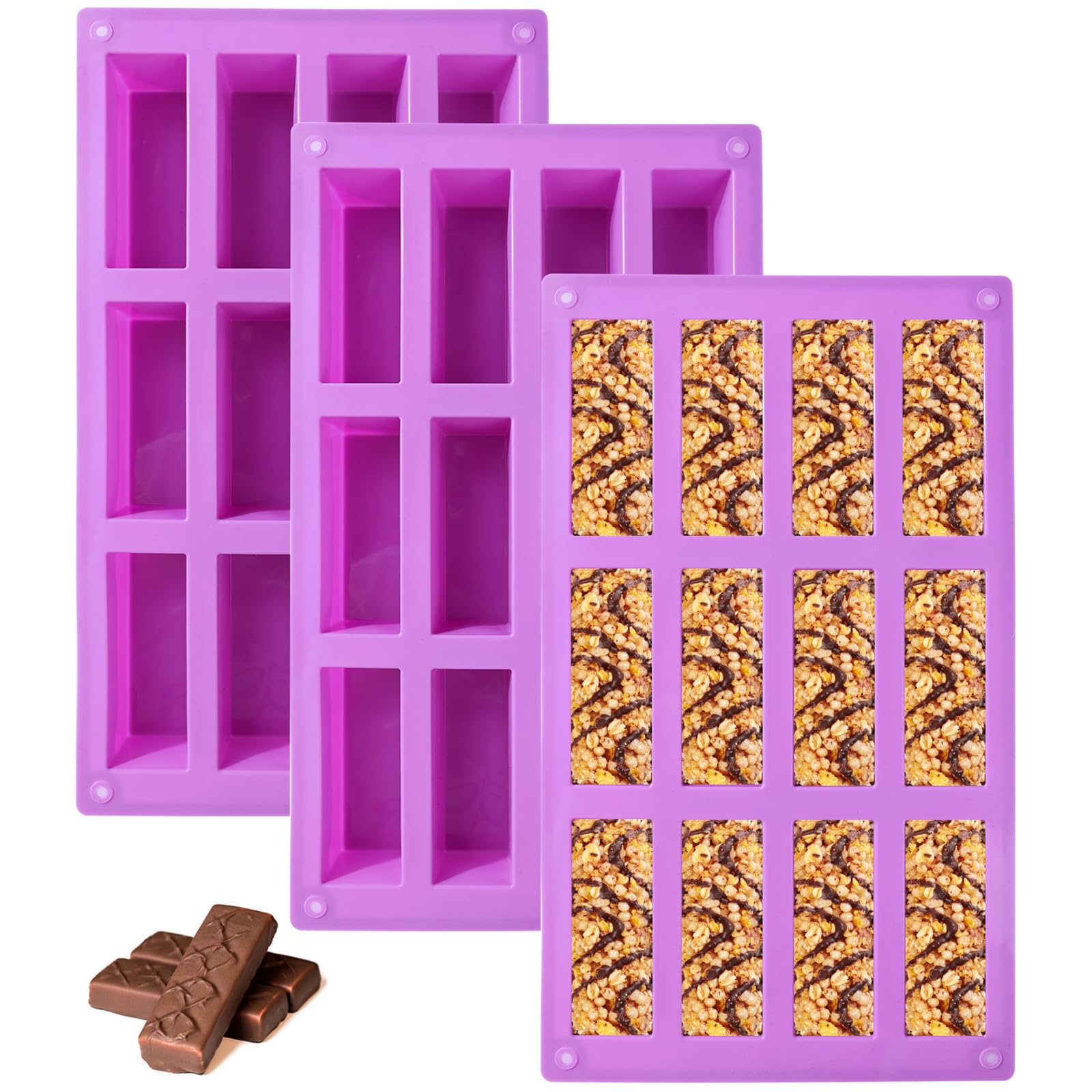Surflyee 3PCS Silicone Granola Bar Mould - 12 Cavity Rectangle for Chocolate, Energy Cereal, Protein Candy, and Fudge Bars