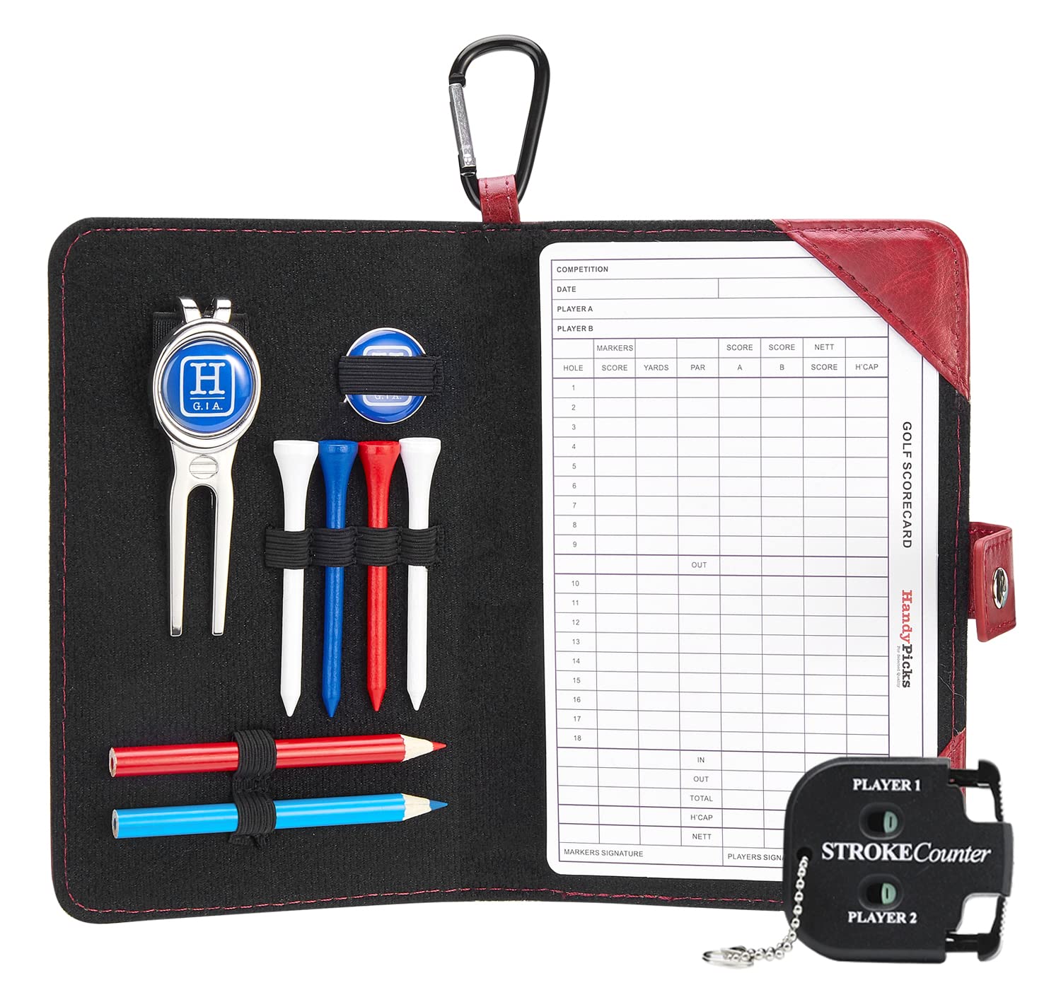 Handy Picks Golf Scorecard Holder n Yardage Book Cover - Divot Repair Tool, Ball Marker, Golf Tees, Scorer, Pencil n Scorecards Included - Gift for Golfers (Dark Red)