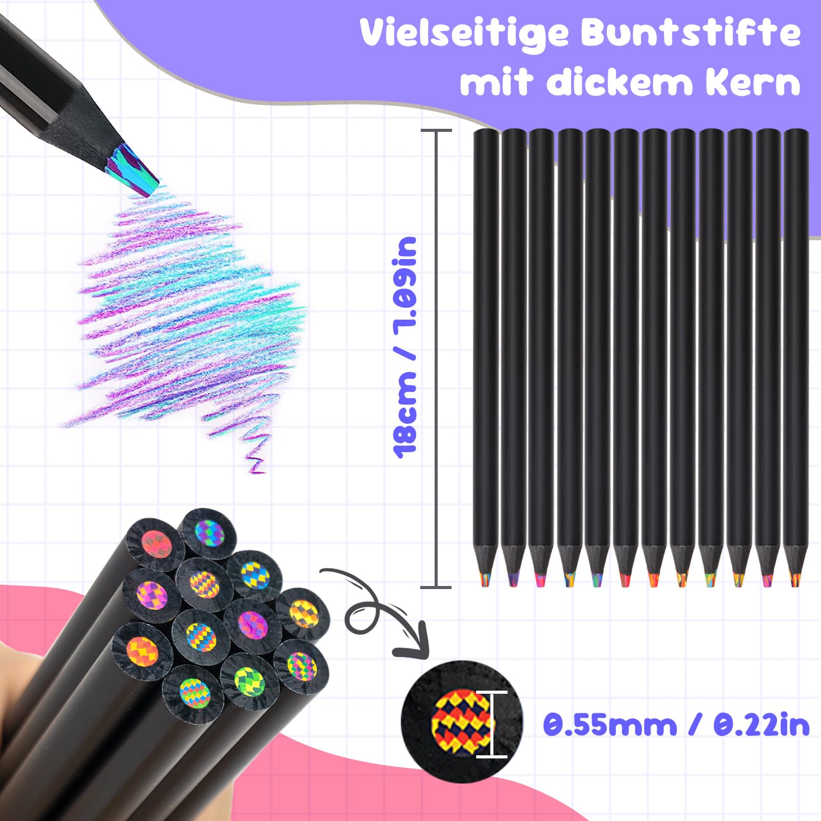 Ugmic Regenbogenstift 12 Stück, Buntstifte Kinder 7 in 1 Regenbogen Buntstifte, Dickere Mine Art Supplies für Erwachsene Zeichnung FäRbung Skizzieren Schule Klassenzimmer 3