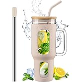 WINSA Glass Tumbler with Lid and Straw, 46 oz Iced Coffee Cup with Handle, Large Water Bottles with Silicone Sleeve, Glass Cup with Straws - Pearl Straw & Drinking Straw BPA Free-Amber