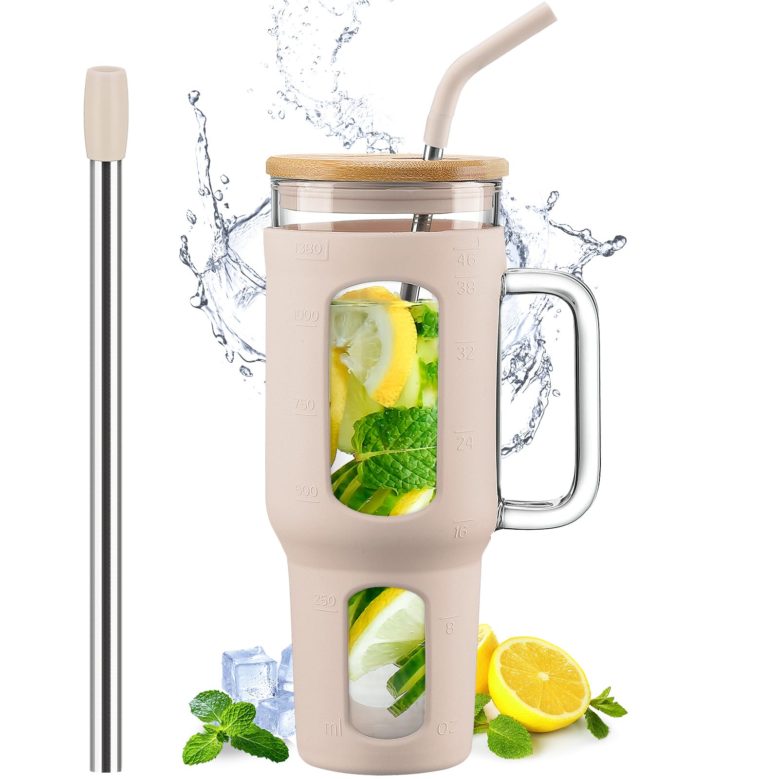 WINSA Glass Tumbler with Lid and Straw, 46 oz Iced Coffee Cup with ...