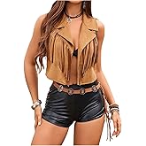 BEAUDRM Women's Tassel Vest 70s Hippie Faux Jacket Open Front Fringe Sleeveless Crop Vest Cowgirl Outfit