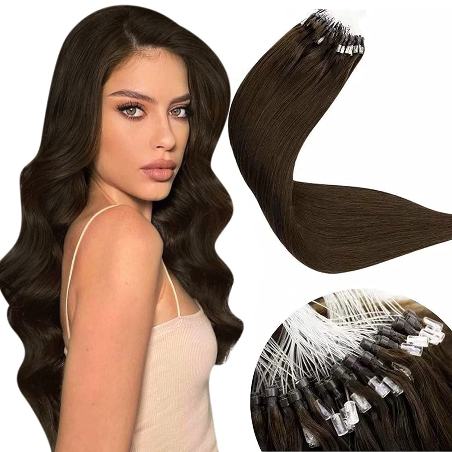 LaaVoo Micro Beads Hair Extensions Real Human Brown Remy Straight Dark Brown Invisible Micro Loop Hair Extensions 50g 50s 14 Inch #4 — image 1