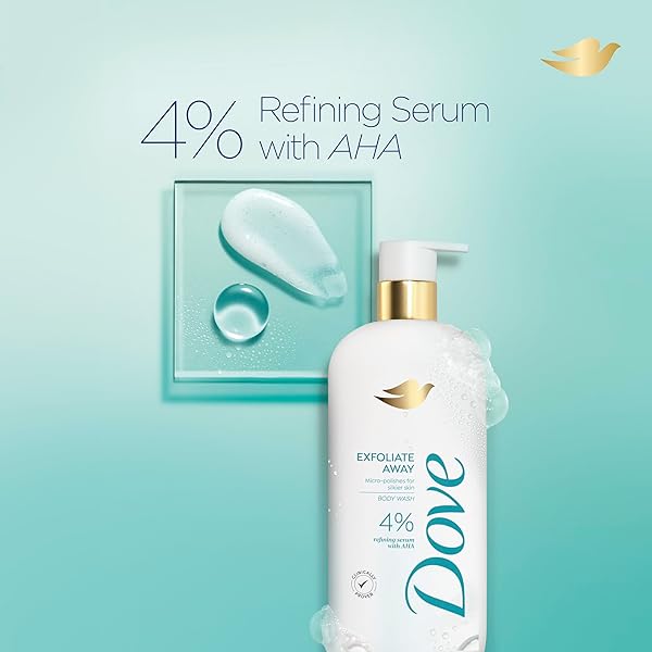 DOVE BODY WASH EXFOLIATE AWAY MICRO-POLISHES FOR SILKIER SKIN 4% REFINING SERUM WITH AHA 18.5 OZ