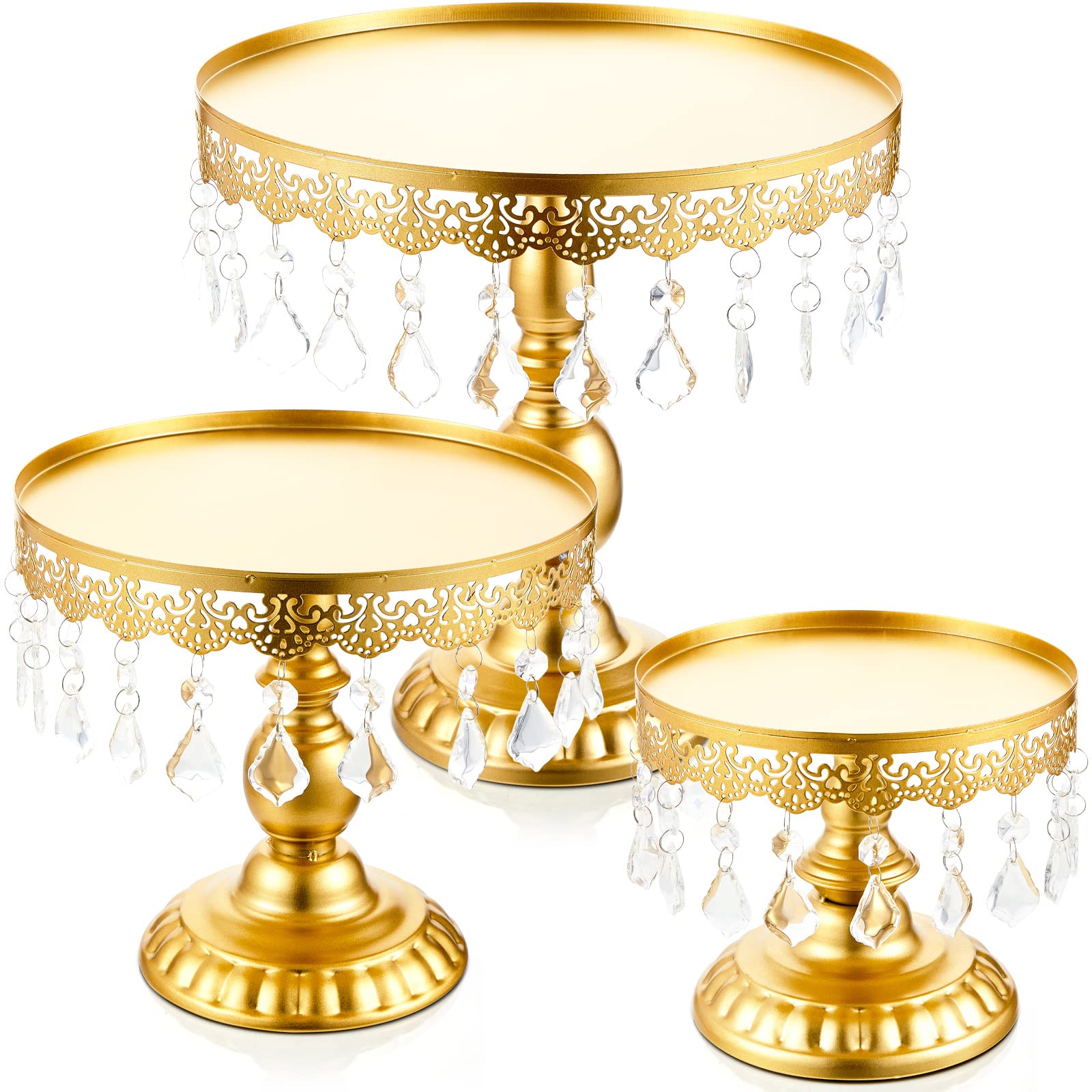 Photo 1 of 3 Pcs Cake Stand Set Round Cake Stand with Crystal Bling Pendants Dessert Table Display Set for Wedding Event Birthday Party Dessert Table(Gold)