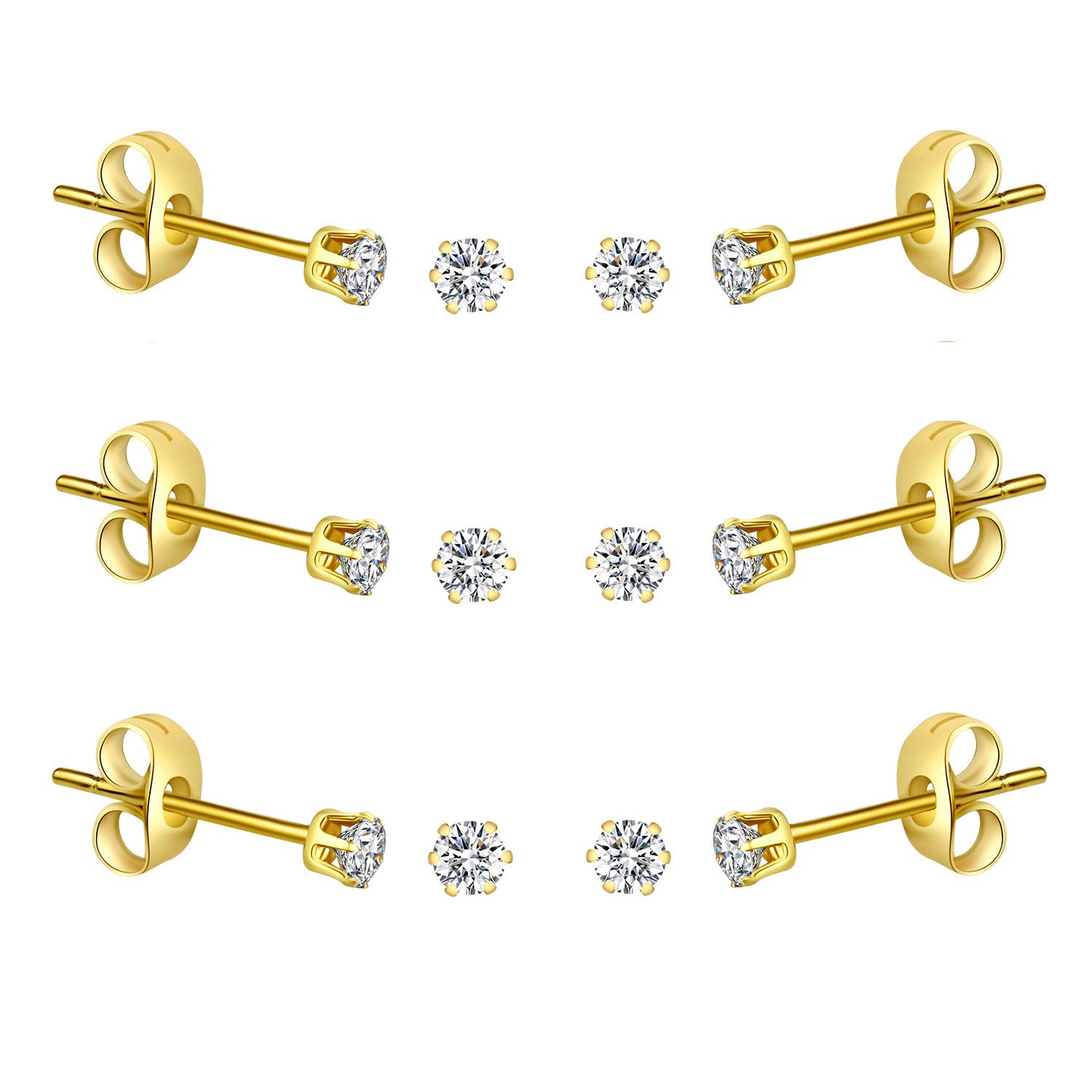 FOSIR 2-4MM Tiny Women's Stainless Steel Round Clear Cubic Zirconia Stud Earrings (3mm CZ, 14K Gold)