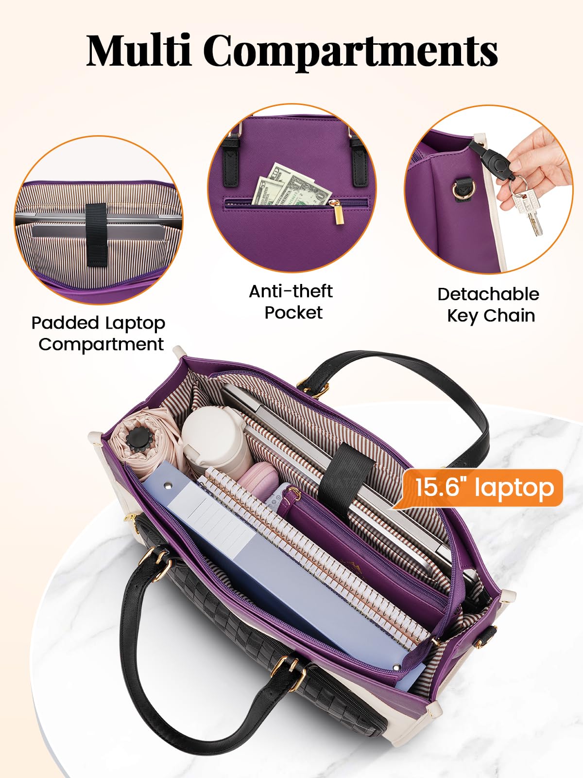 MATEIN Lunch Tote Bag for Women, 15.6 Inch PU Leather Laptop Briefcase with Insulated Lunch Compartment, Large Capacity Professional Computer Work Handbag with Purse for Office Nurse Teacher, 2 Sets