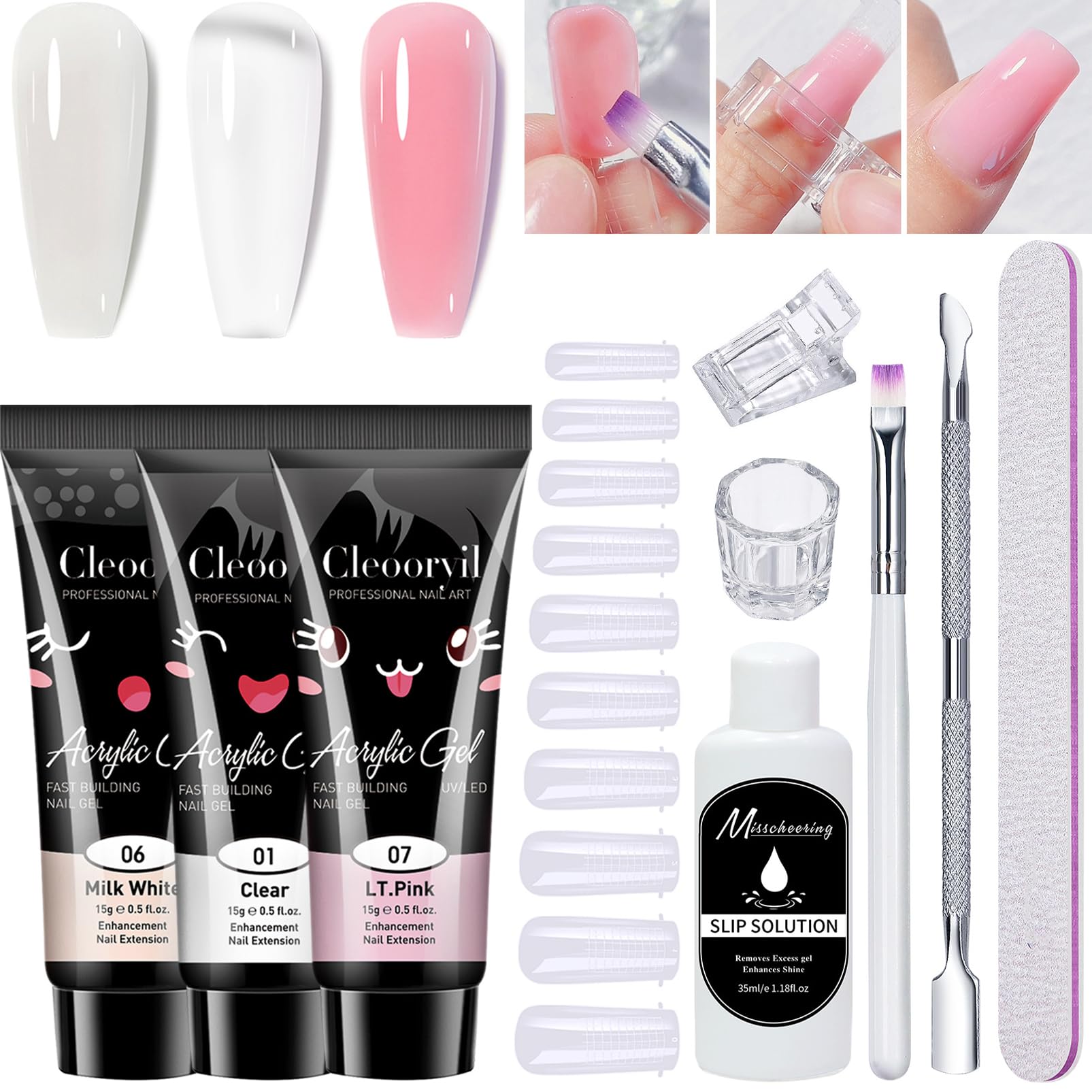 Poly Gel Nail Kit,3 Colors Clear White Pink Builder Nail Extension Gel 15ML With Slip Solution All-in-one Strengthen Nail Art Kit DIY for Beginners Gifts Set for Women