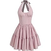 CIDER Women's Halter Mini Dress for Summer Striped Sleeveless Shirred Ruffle Dress Sexy Cute Vacation Outfits