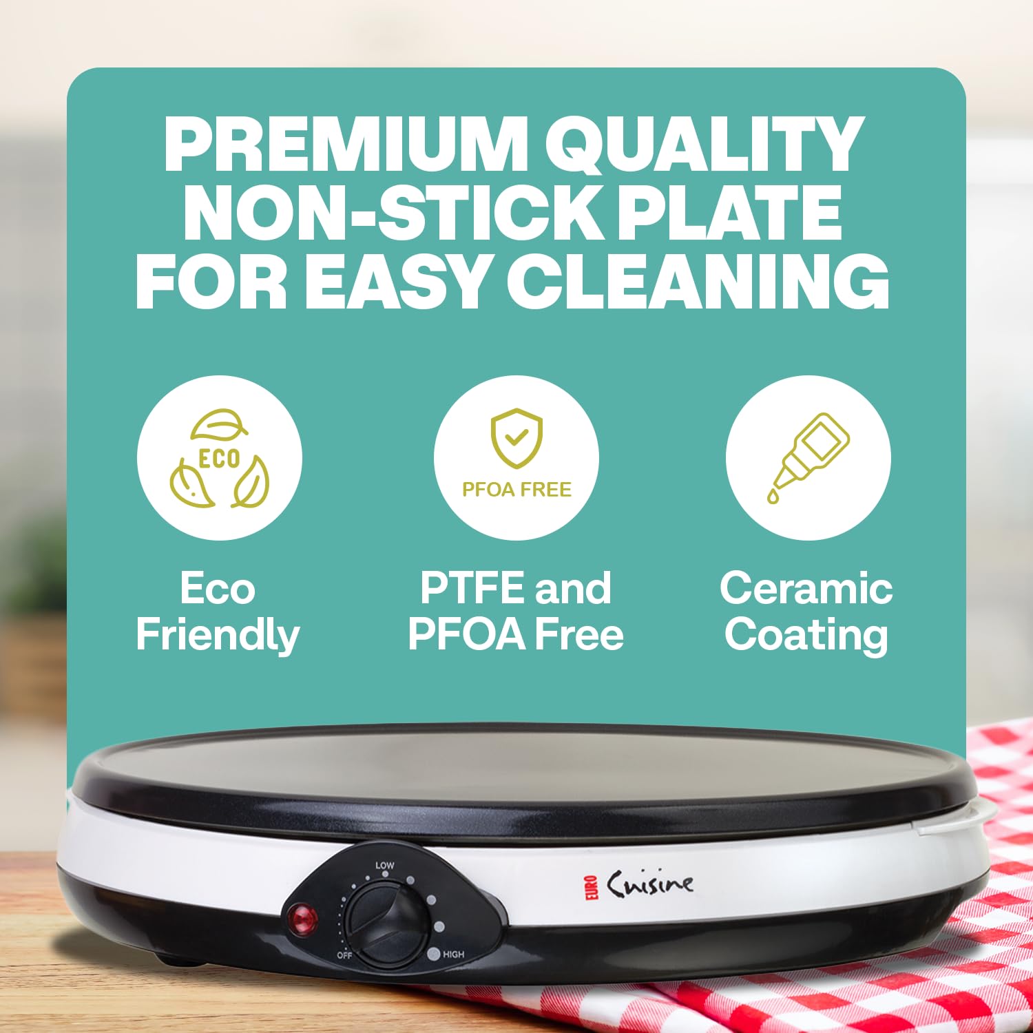 Euro Cuisine CM20 Electric Crepe Maker, 12 Inch Ceramic Non-stick Pan (PTFE PFOA Free), Adjustable Temperature Setting, Also Makes Roti, Dosa, Pancakes, Includes Batter Spreader, Turner and Ladle