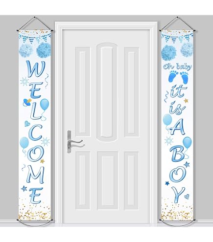 Glitter 'Welcome Little One' Baby Shower Banner - Pre-Strung, Easy To Hang (Blue)