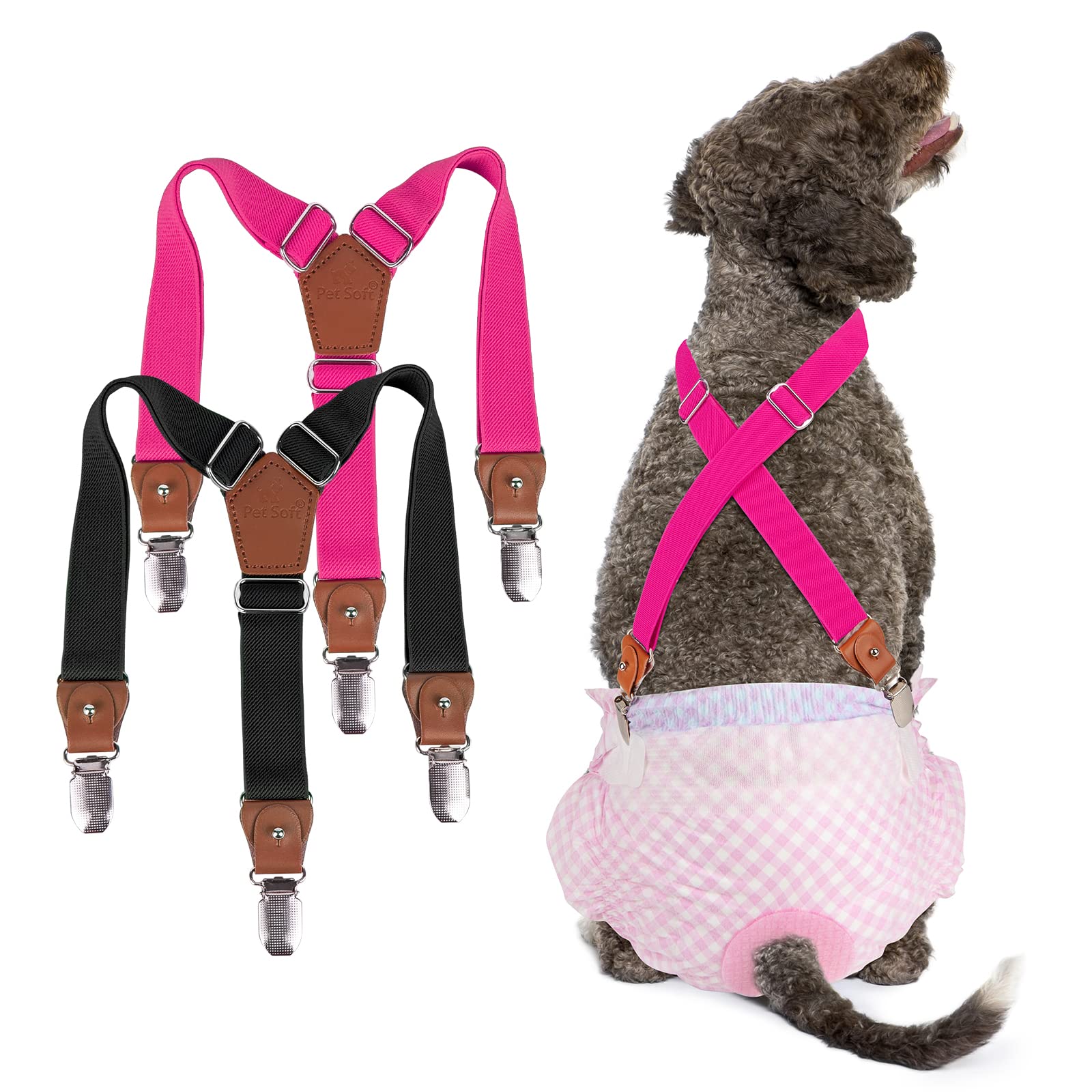 Photo 1 of Pet Soft Dog Suspenders 2 Pieces Female Dog Diaper Suspenders for Dogs Diaper Keeper Suspender for Dogs Skirt, Doggy Dress (Black & Pink, S/M)