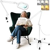 15X Magnifying Glass with Light and Stand, Large Rectangle Optical Glass Lens Floor lamp with 5 Wheels Rolling Base, 5 Color Modes LED Lighted Hands Free Magnifier for Reading Esthetician Facial Craft