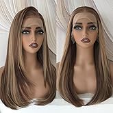 Highlight Honey Blonde Glueless Wig 13x6 Synthetic Lace Front Wigs for Women Pre Plucked Natural Looking Layered Straight Highlight Copper Blonde Butterfly Cut Ready to Wear Wig 22 Inch