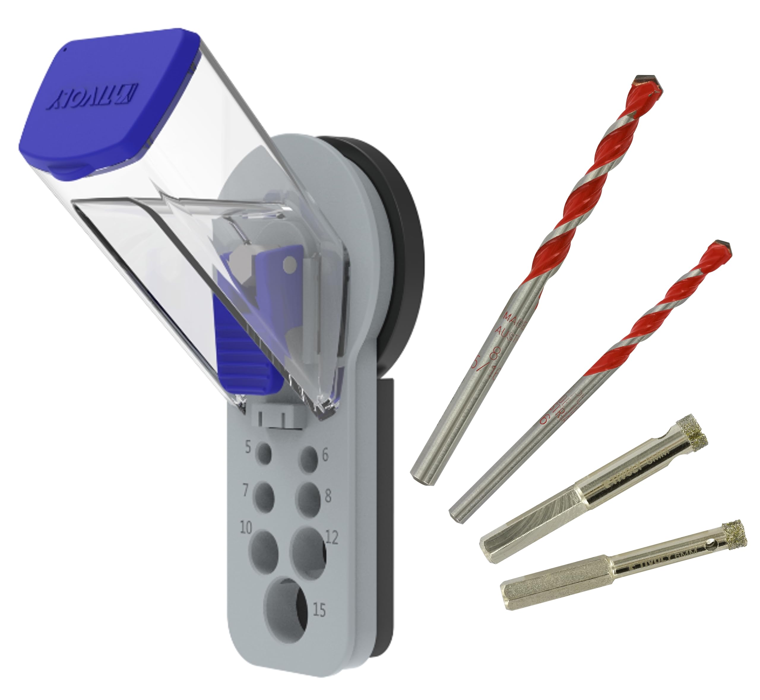 TIVOLY - Water Drilling Guide Kit for Diamond Drill Bits Diameter 5 mm to 15 mm + 2 in 1 Concrete/Tile Drill Bits Ø6-8 mm + Diamond Water Drill Bits for Stoneware Porcelain Ø6-8 mm + Mini Level and