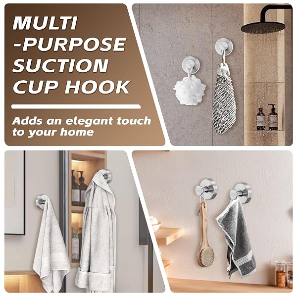SUPOPULAR REUSABLE HEAVY DUTY SUCTION CUP HOOKS FOR KITCHEN/BATHROOM/SHOWER – WET-PROOF HOOKS FOR TOWELS, ROBES, LOOFAH&WREATHS/NO DRILL MOUNTING ON GLASS, TILE, METAL (2, BRUSHED NICKEL)