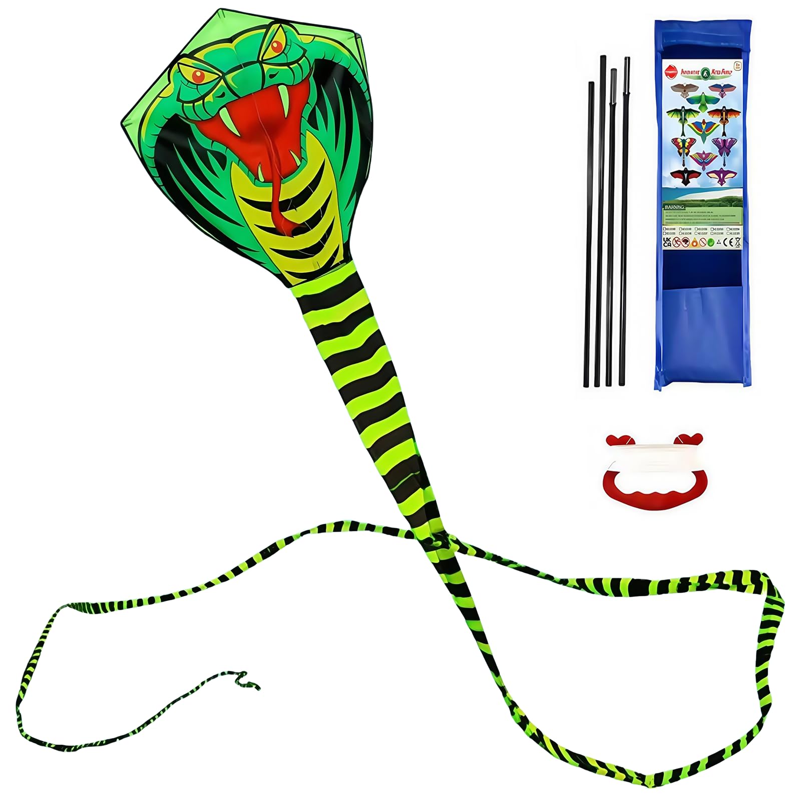 Vspek Large Cobra Kite, 33x28inch Single Line Colorful Kite with 8-meter Long Tail Beginner Beach with Winding Handle and 100m Line Outdoor for Audlts Park Games Activities