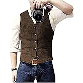 Bglddue Men's Suit Vests Wool Tweed Vest V Neck Slim Fit Waistcoat Formal Business Retro for Wedding