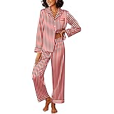 Ekouaer Womens Silk Satin Pajama Sets 2 Piece Sleepwear Pjs Set Long Sleeve Button Down Top and Pants Stripe Loungewear S-XXL
