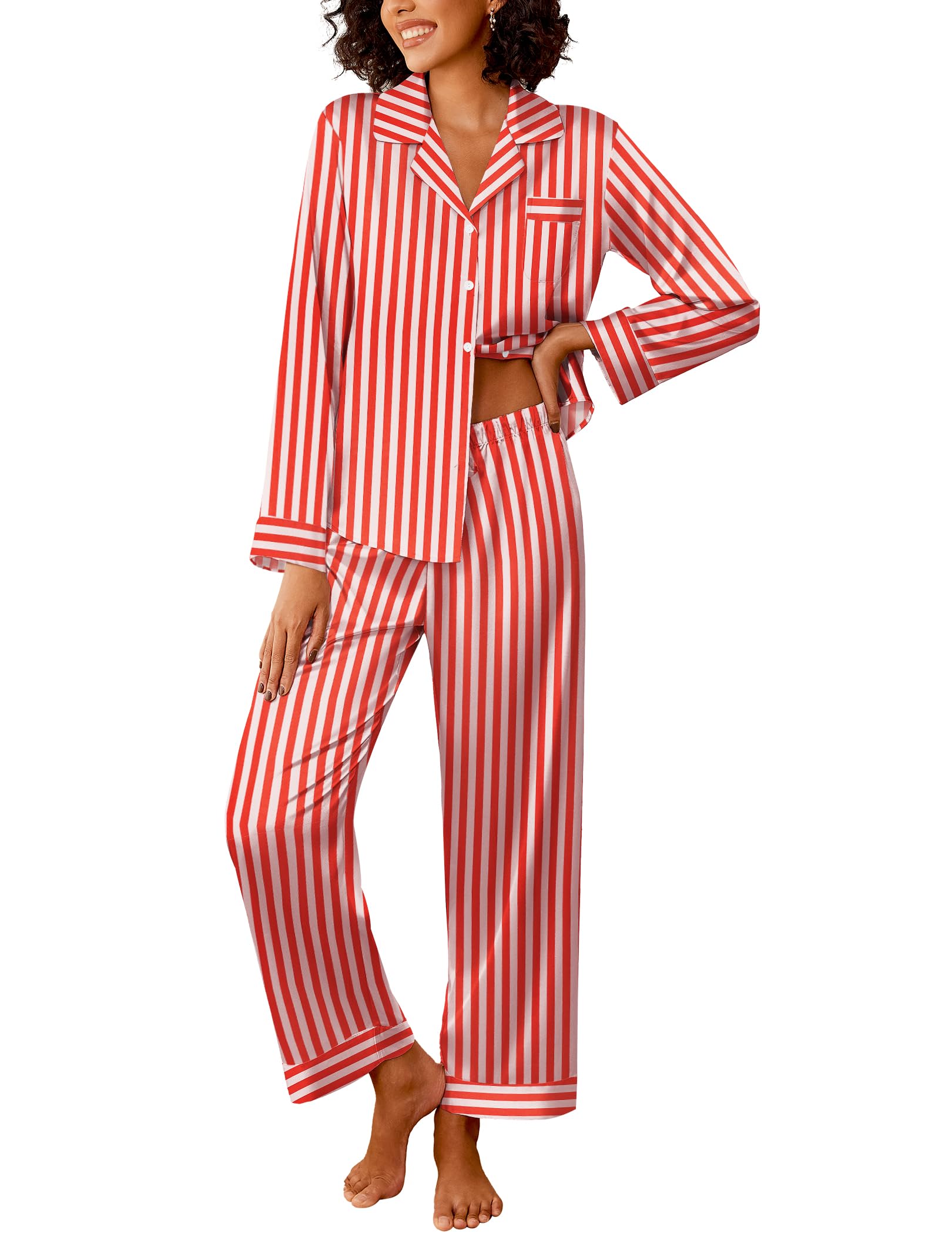 Ekouaer Womens Silk Satin Pajama Sets Piece Sleepwear Pjs Set