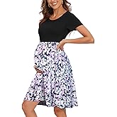 WOOXIO Women's Short Sleeve Maternity Dress Patchwork Pregnancy Clothes with Pockets