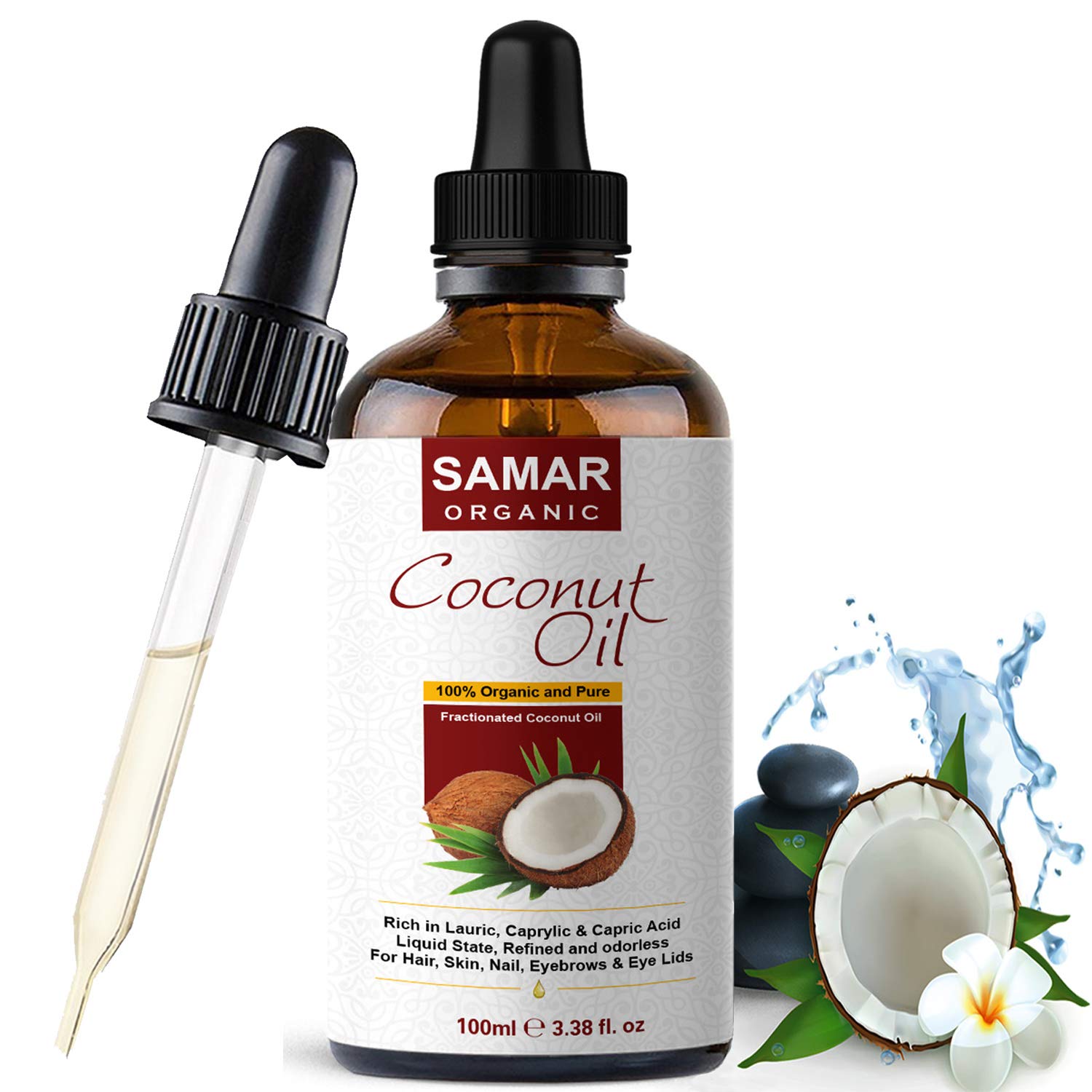 Coconut Oil - Premium Quality 100% Pure and Certified Organic Fractionated Coconut Oil (Not Greasy) Vegan, Cruelty Free. Ideal as Moisturizing Skin, Hair and Face. Sun Protection, After Shave - 100ml