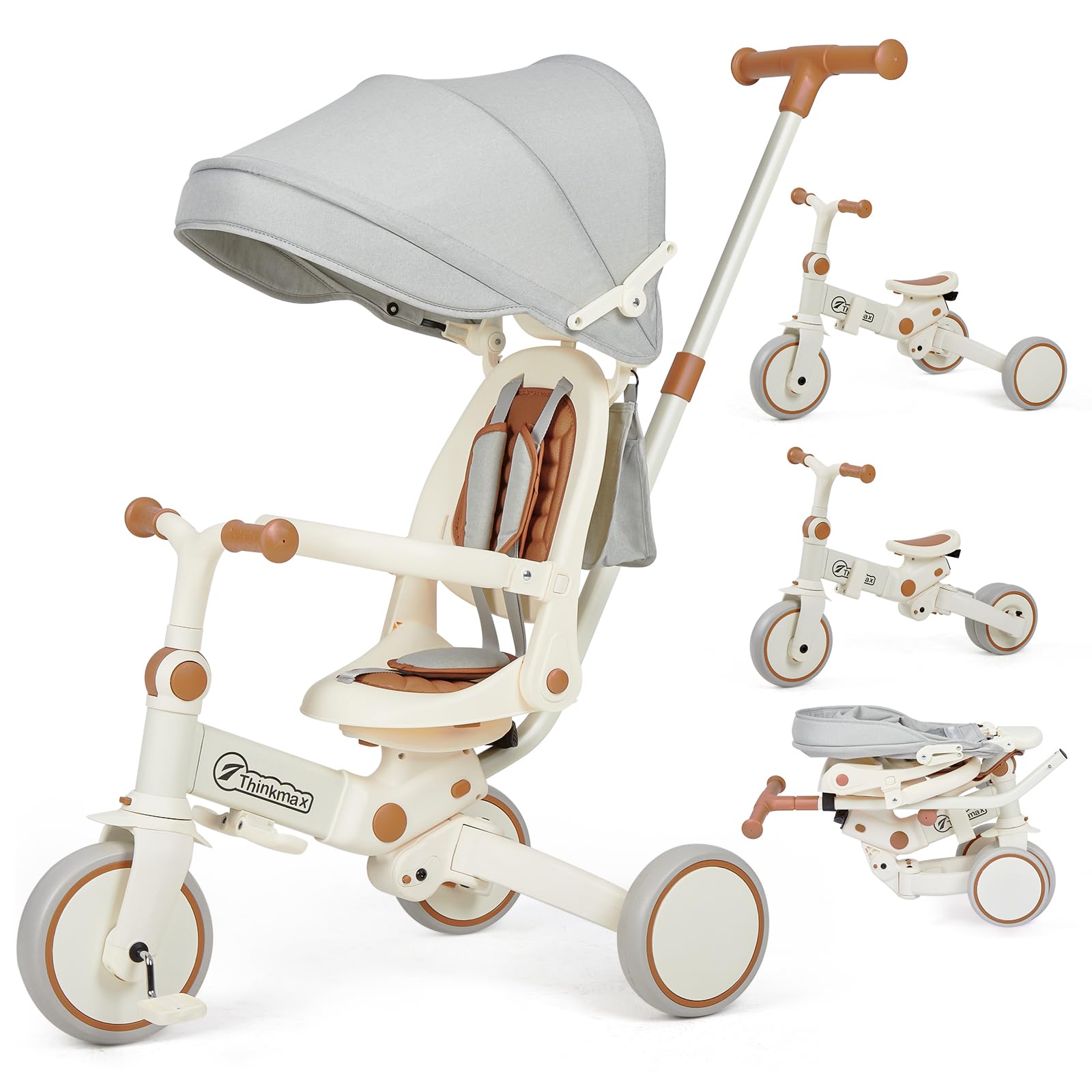 Thinkmax 子供三輪車 ベビーカー 6in1 折りたたみ 手押し棒付き 乗用玩具 超軽量 乗り物 組み立て簡単 コンパクト収納 1歳～6歳 プレゼント ベージュ T11B商品画像
