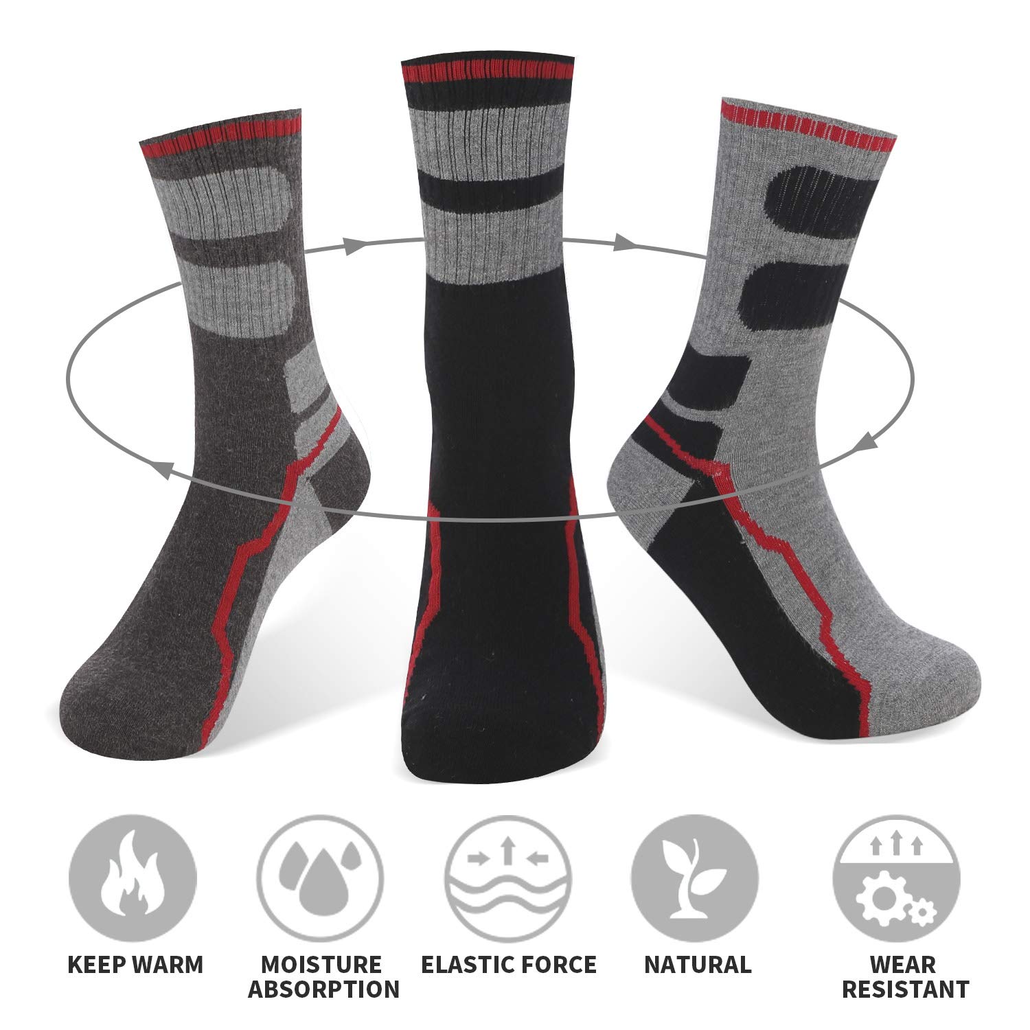 AIMKE 5 Pairs Merino Wool Sock,Athletic Socks Men Hiking Trekking Heavyweight Crew Socks Sweat-wicking and Cushioned Year-round(Style04)
