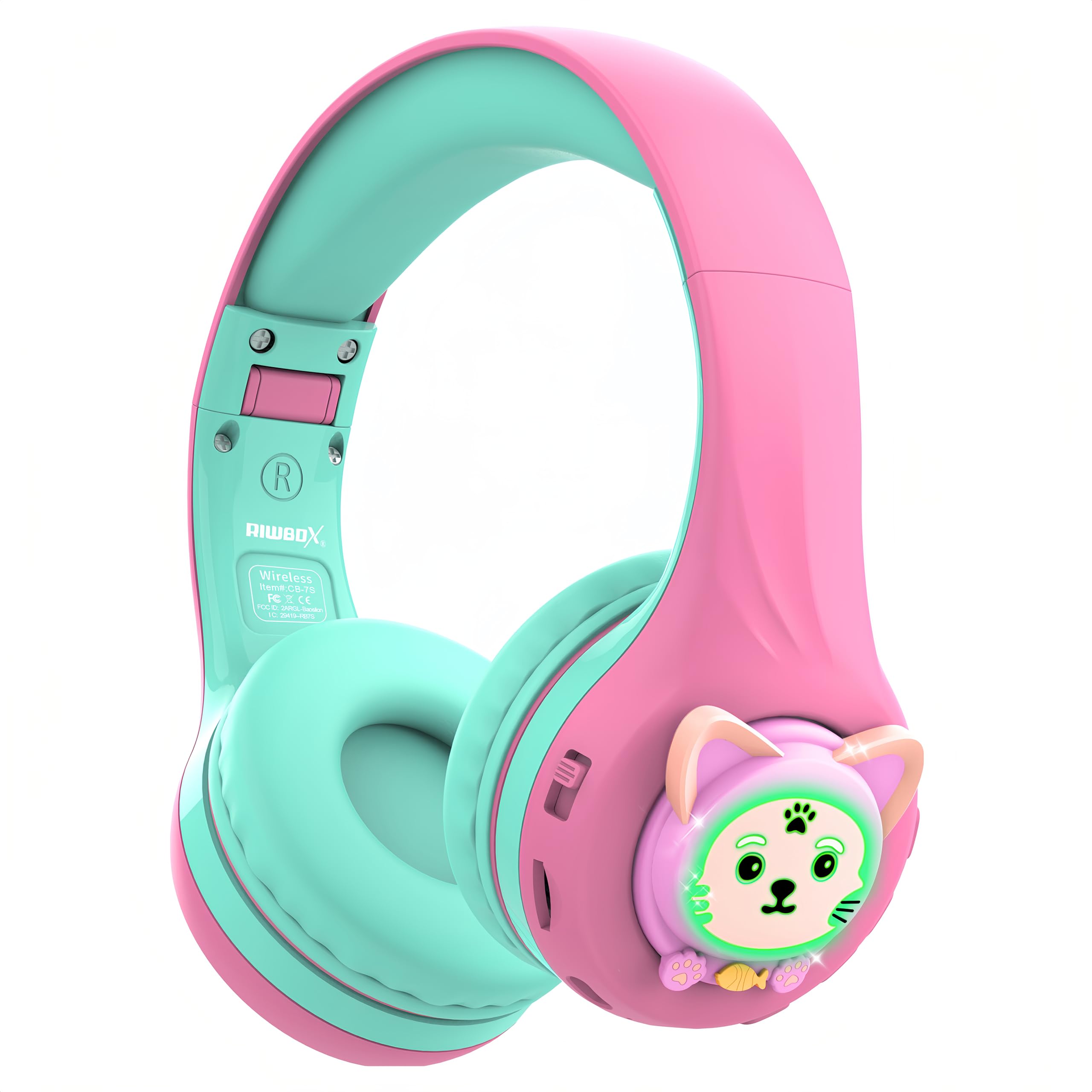 Riwbox CB-7S Cat Ear kids Bluetooth Headphones, LED Light Up Bluetooth Wireless Over Ear Headphones with Mic and Safe Volume.45H Playtime Bluetooth5.3. Control for iPad/Travel/School/Laptop/PC/TV