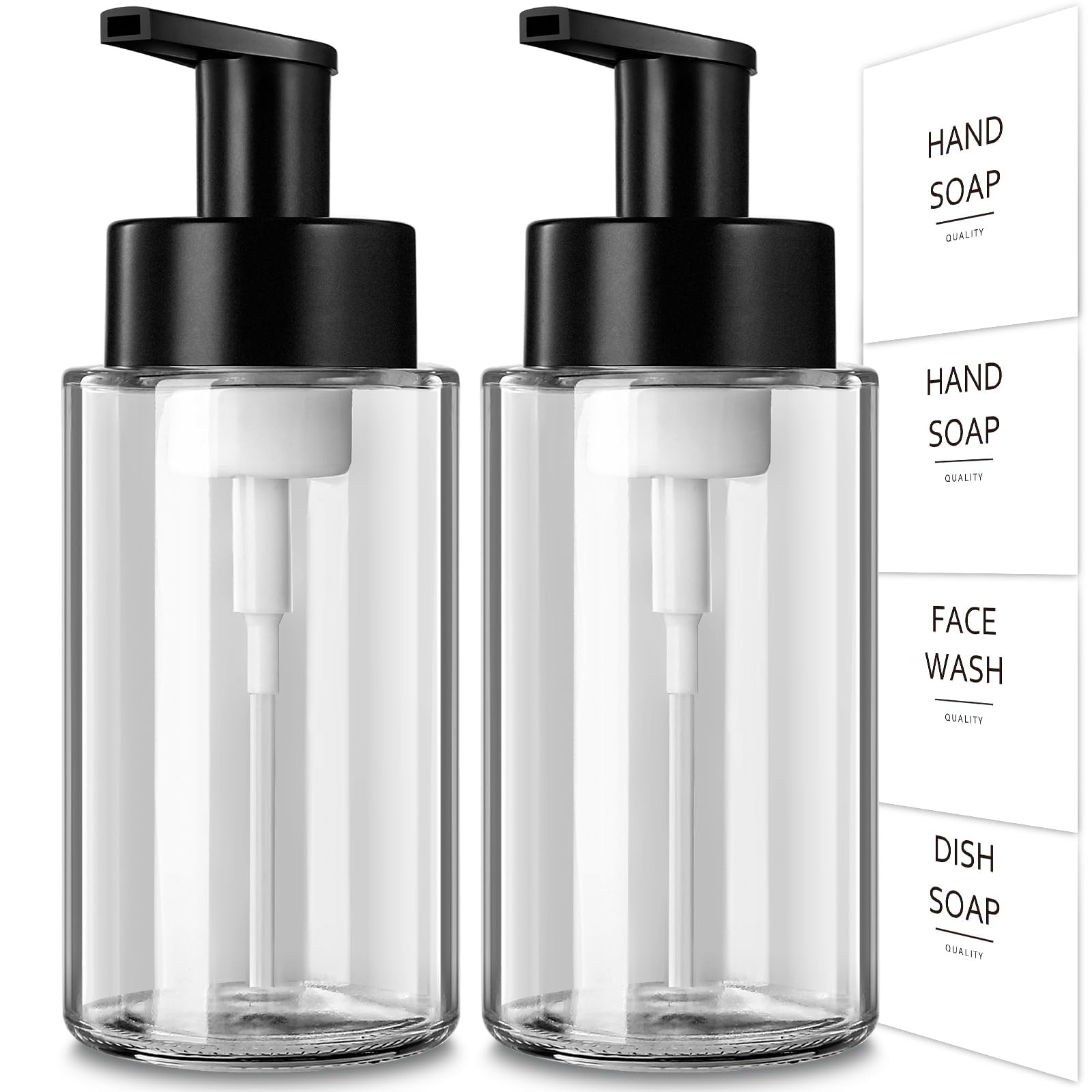 GMISUN Foaming Soap Dispenser, 300ml Foaming Hand Soap Dispenser, 2 Pack Glass Foam Dispenser for Bathroom & Kitchen, Clear Refillable Dispenser Pump Bottle with Waterproof Labels