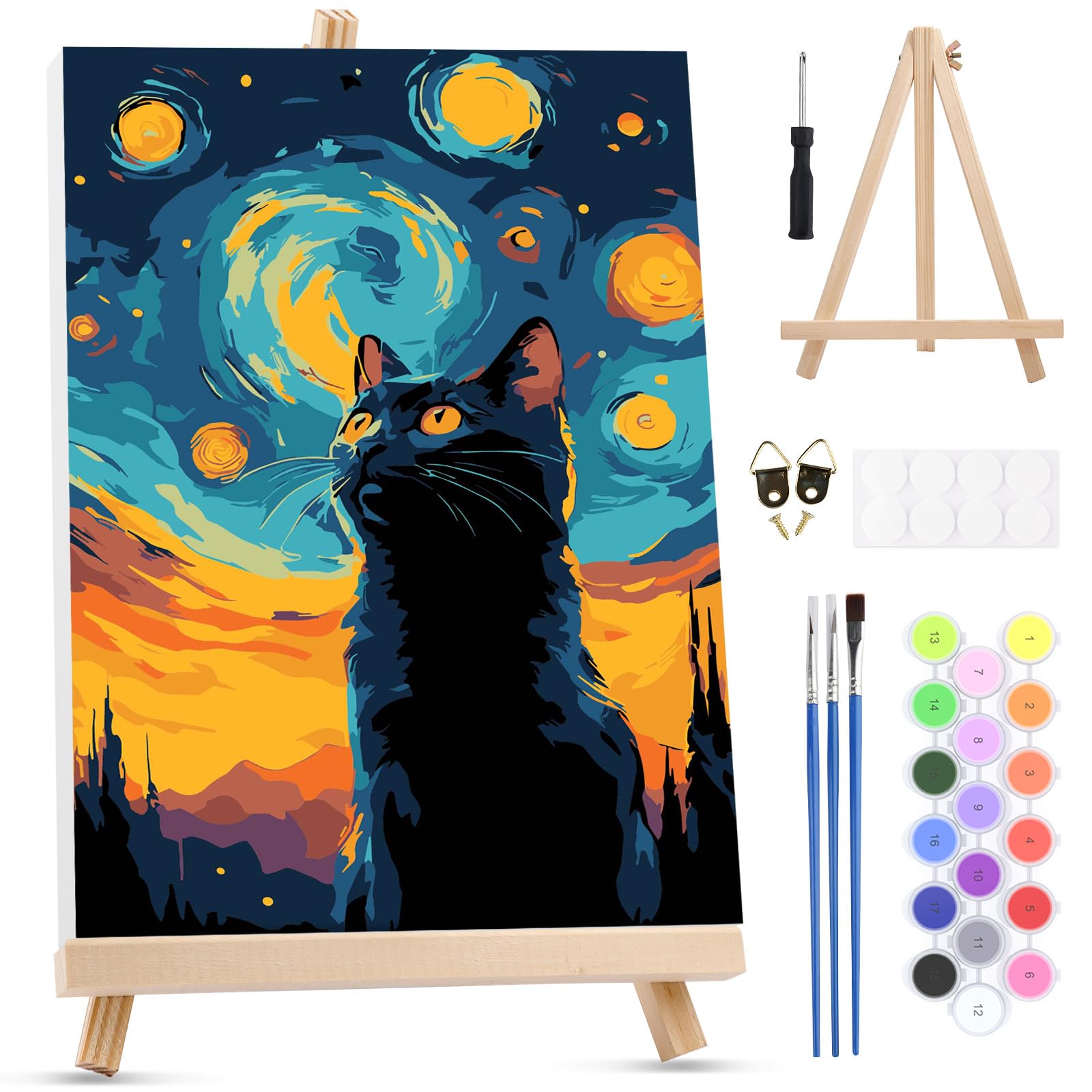 MXJSUA Starry Cat Framed Paint by Numbers for Adults Beginners, Easy Adults' Paint-by-Number Kits on Canvas with Easel, Acrylic Number Painting Crafts Gifts for Home Decor, 20x30cm — image 1