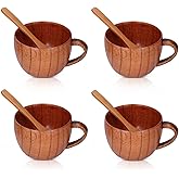 Beufee 4Pcs Wood Coffee Mug, Japanese Tea Cup Small Wooden Tea Cup Japanese Style Latte Mug Wine Mug for Drinking Natural Wooden Teacups with Spoon for Wine Coffee Tea Drinks
