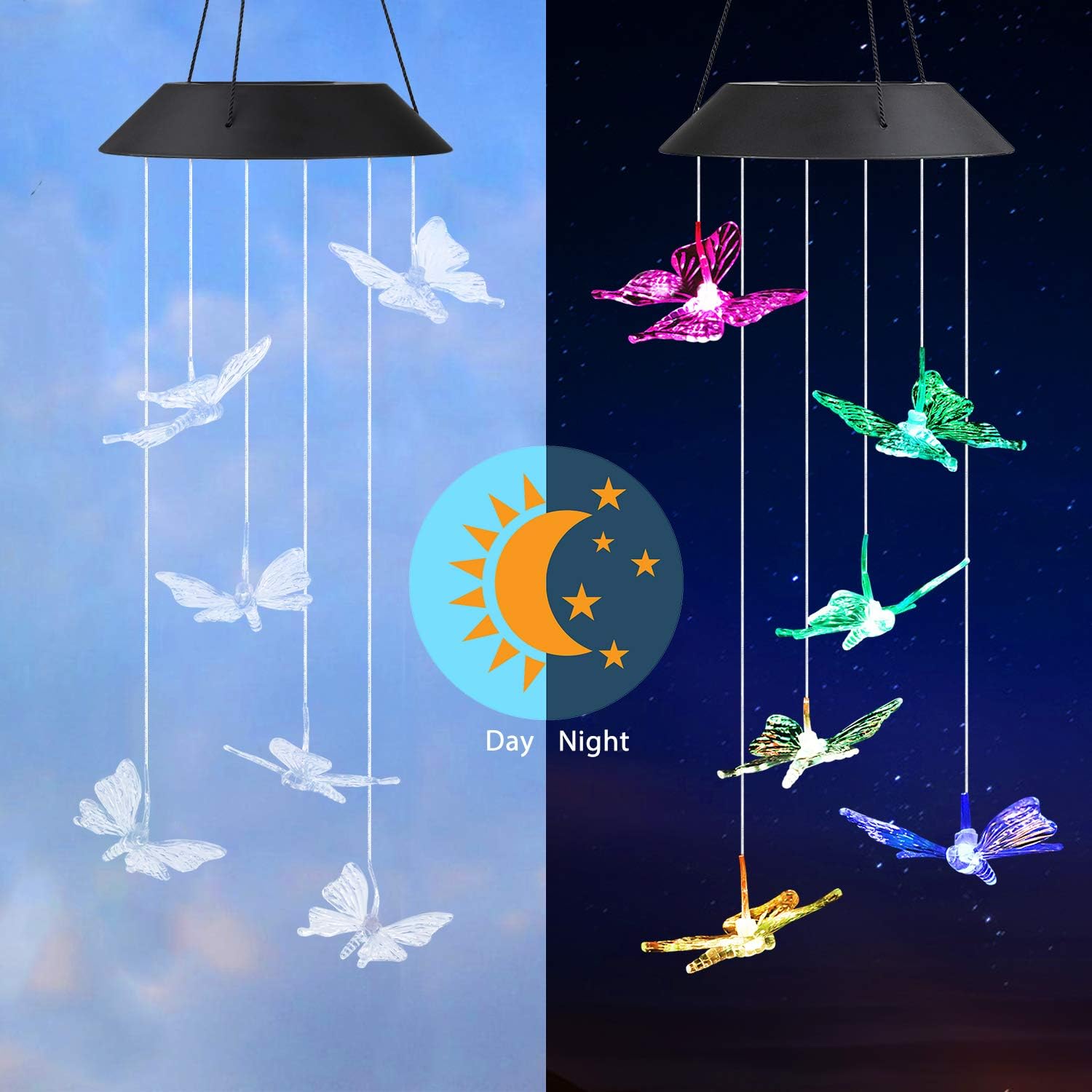 SUNJOYCO Butterfly Solar Wind Chimes, Color-Changing Outdoor Waterproof LED Wind Chime Solar Powered Colorful Light for Home/Party/Yard/Garden Decoration : Garden & Outdoor