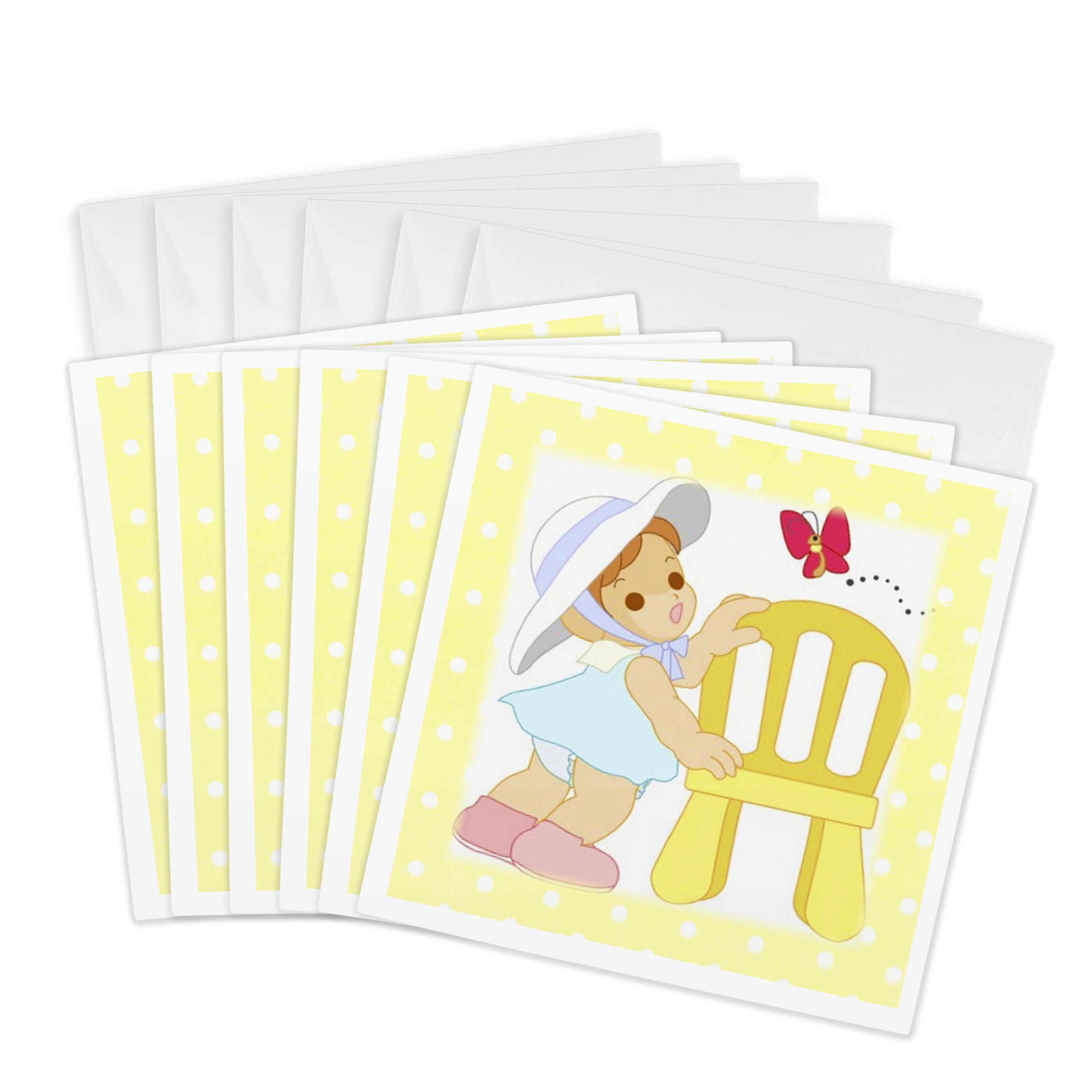 3dRose gc_39608_1 6 x 6-Inch "Toddler Girl and Butterfly on Pale Yellow" Greeting Card (Pack of 6)