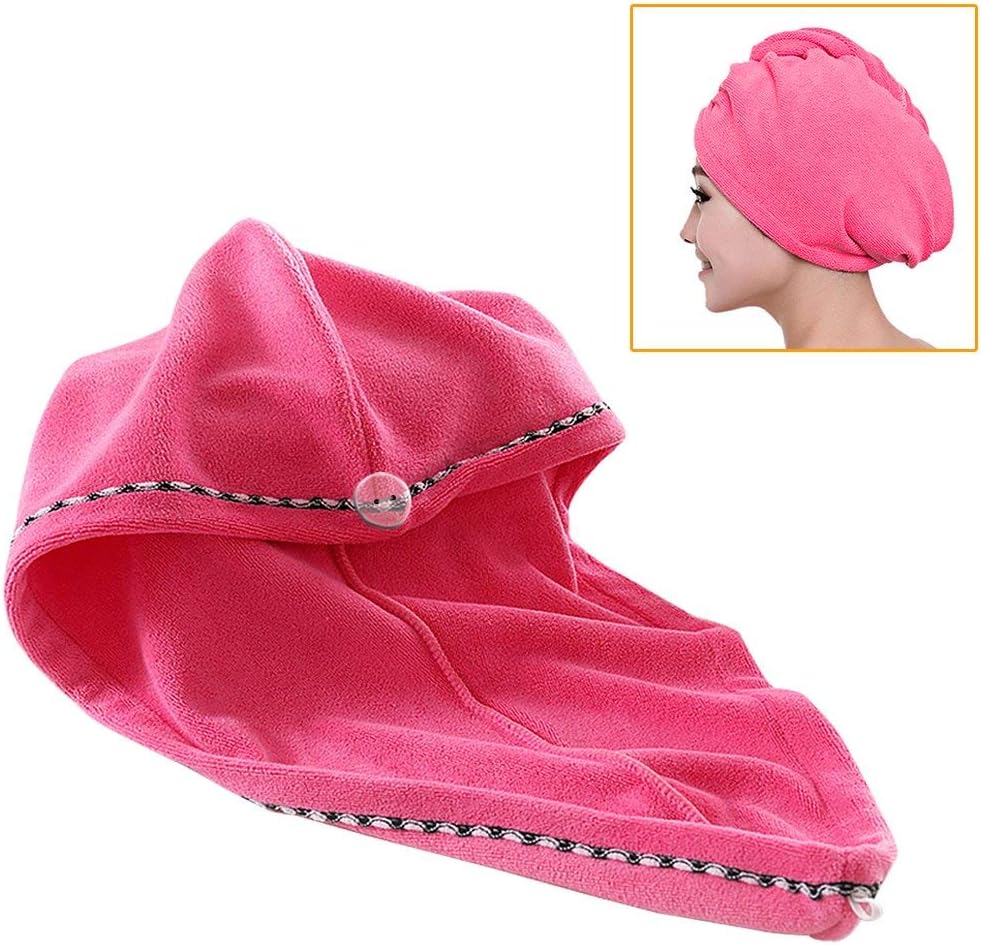 1 Pack Hair Towel Wrap Turban Microfiber Drying Bath Shower Head Towel with Buttons, Quick Magic Dryer, Dry Hair Hat, Wrapped Bath Cap Pink