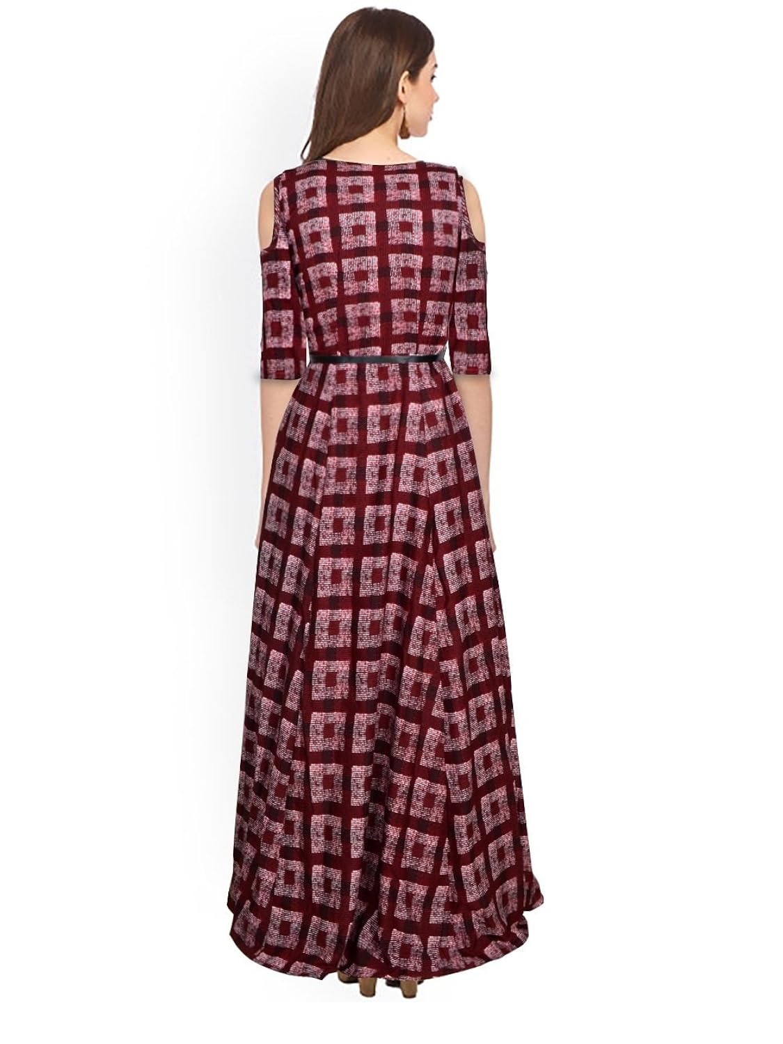 sj trendz women's maroon american crepe printed latest 2018 party wear gown dress
