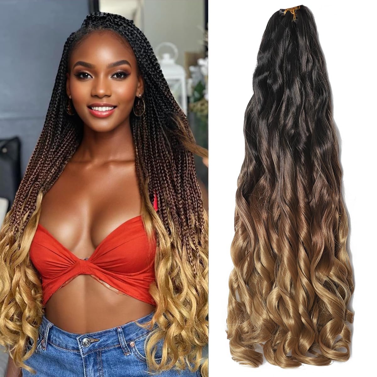 French Curl Braiding Hair 24 Inch 8 Packs Pre Stretched Loose Wave Bouncy Braiding Hair Spanish Curly Ends Synthetic Hair Extensions for Braiding（1B/30/27） — image 1