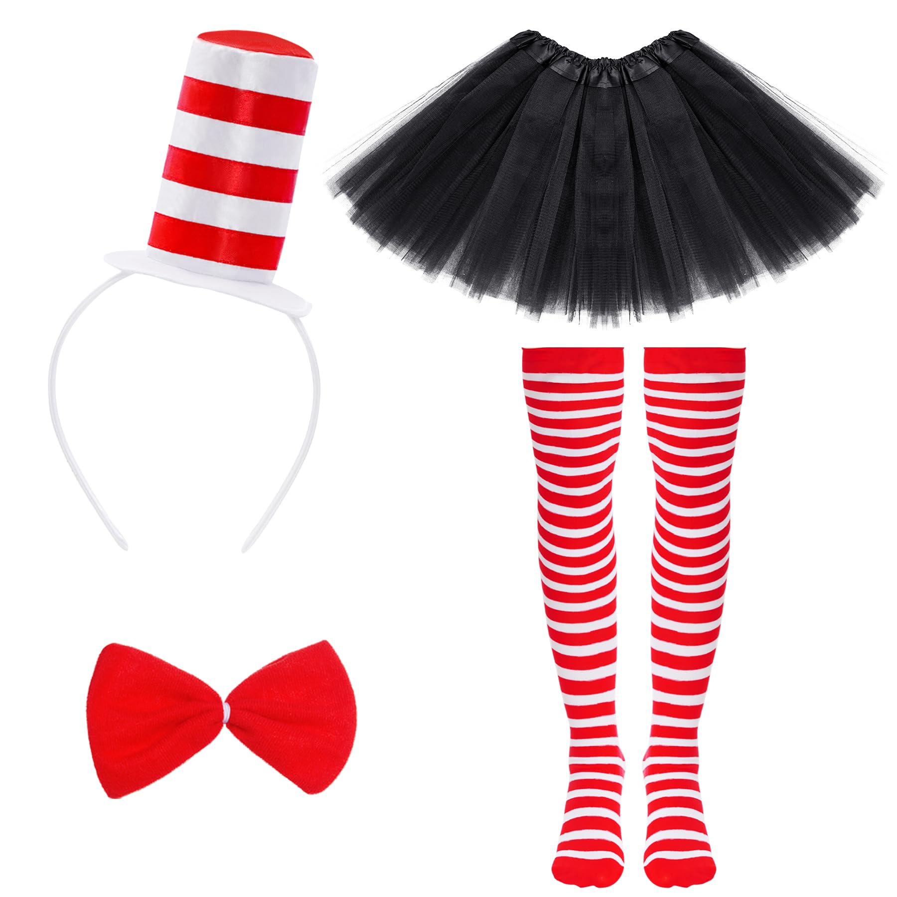 jerbro 4pcs Cat Costume Tulle Tutu Skirts Top Hat Headband Bowtie Striped Tight for World Book Day Costumes Halloween Cosplay Dress Up Party (Black)