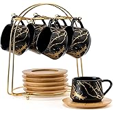 LUKA Ceramic Espresso Cups with Saucers and Metal Stand, Small 4 oz Porcelain Demitasse Cups Set of 6, Cute Cappuccino Coffee Cups for Double Espresso, Tea, Marbling Black