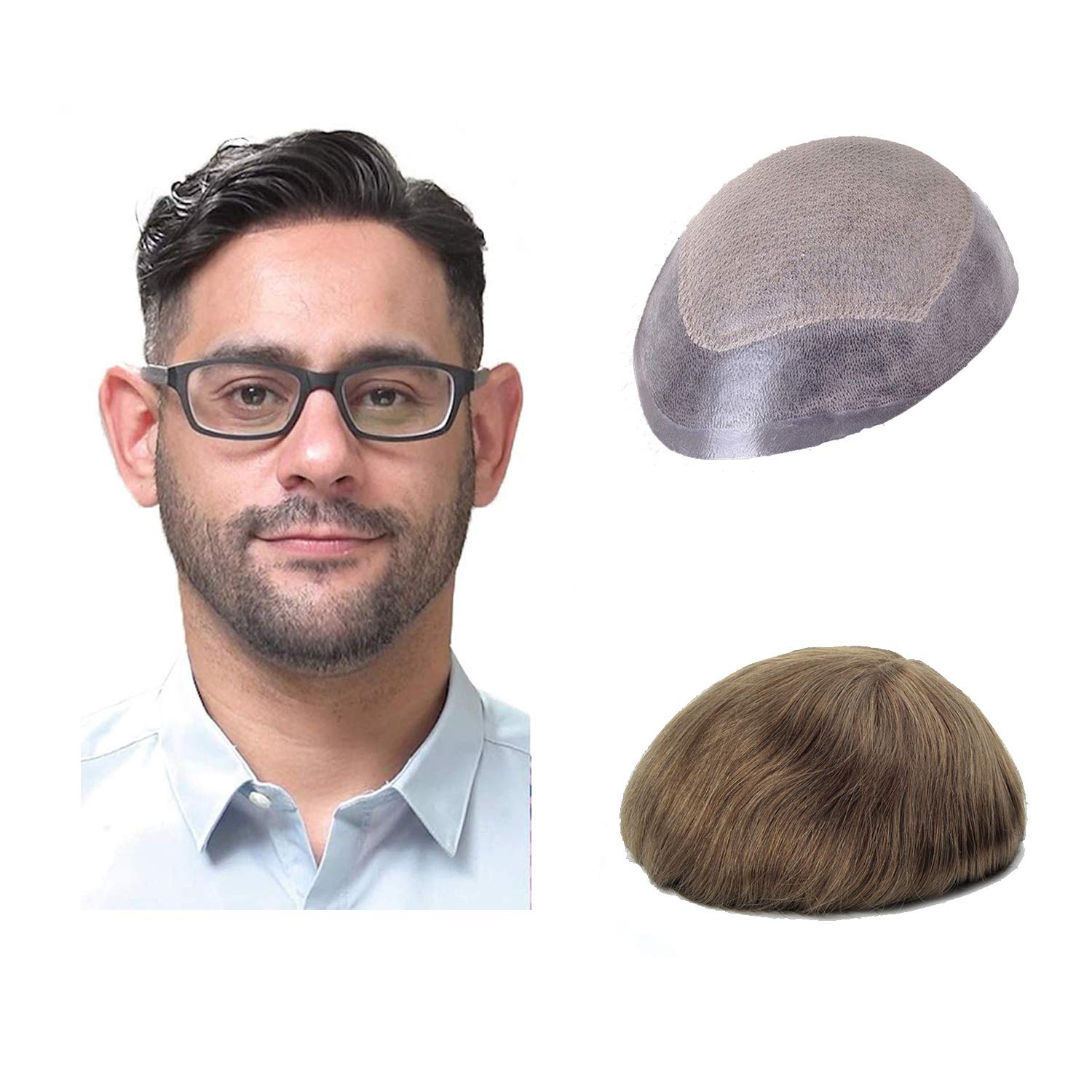 Lordhair Knotless Toupee for Men, Skin Flat Injected Human Hair System, Base Size 8x10 Inch Light Medium Density Front Contour A Shape Mens Hairpiece