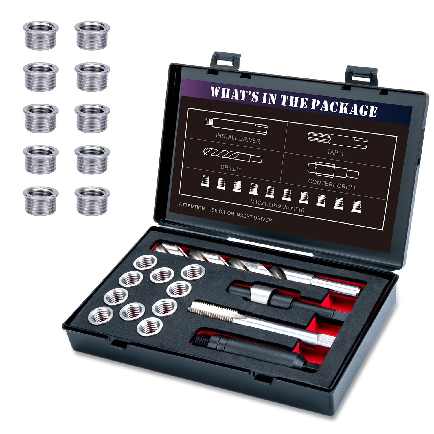 Photo 1 of SENNMONN M12X1.5 Thread Repair Kit with Insert HSS Drill, Tap, Counterbore, Installation Driver, Metric, 10PCS Stainless Steel Insert M12X1.5X9.2MM