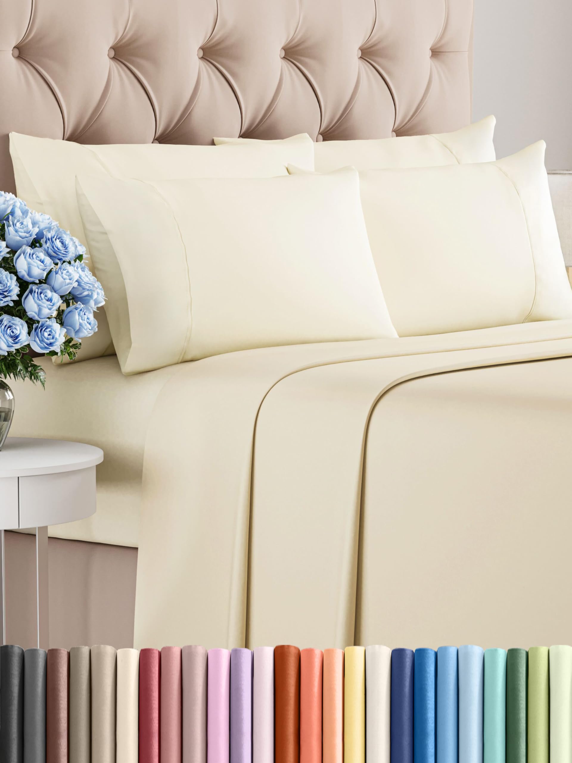 Photo 1 of *MINOR DAMAGE - USED*
King Sheets Set 6 Piece - Includes 4 Pillowcases - Bed Sheets King Size - Soft Hotel Luxury Bedding - Cooling, Comfy, Cozy & Breathable - 1 Flat & 1 Fitted & 4 Pillowcases w/ Deep Pockets - Off White