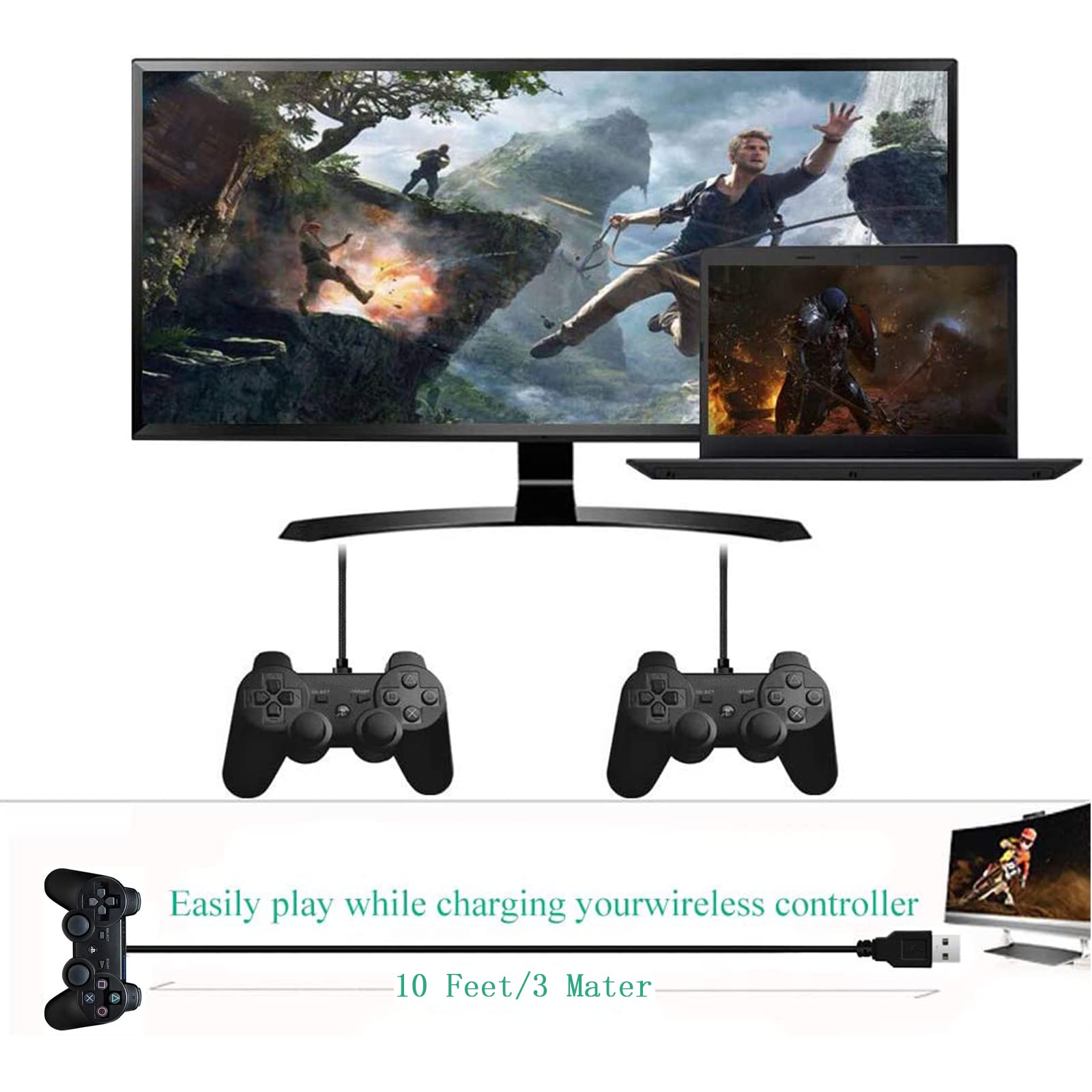 DTOL PS3 Controller Charger Cable Ring Mini USB Data Charging Cord for PS Move PlayStation 3 Wireless Controller, TI84 Plus CE, Digital Camera 10ft 2 Pack