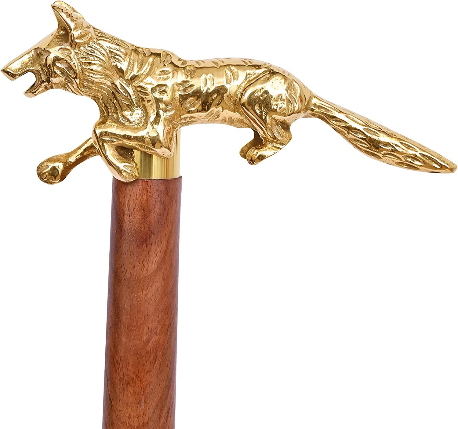 Waziha Nautical Brass Fox Handle Walking Stick Cane Shaft Wood Cane Handle Vintage Stick Three FOLD Shaft Men & Women Useing for Party Wear & Decorative Gifts, gold, 37''