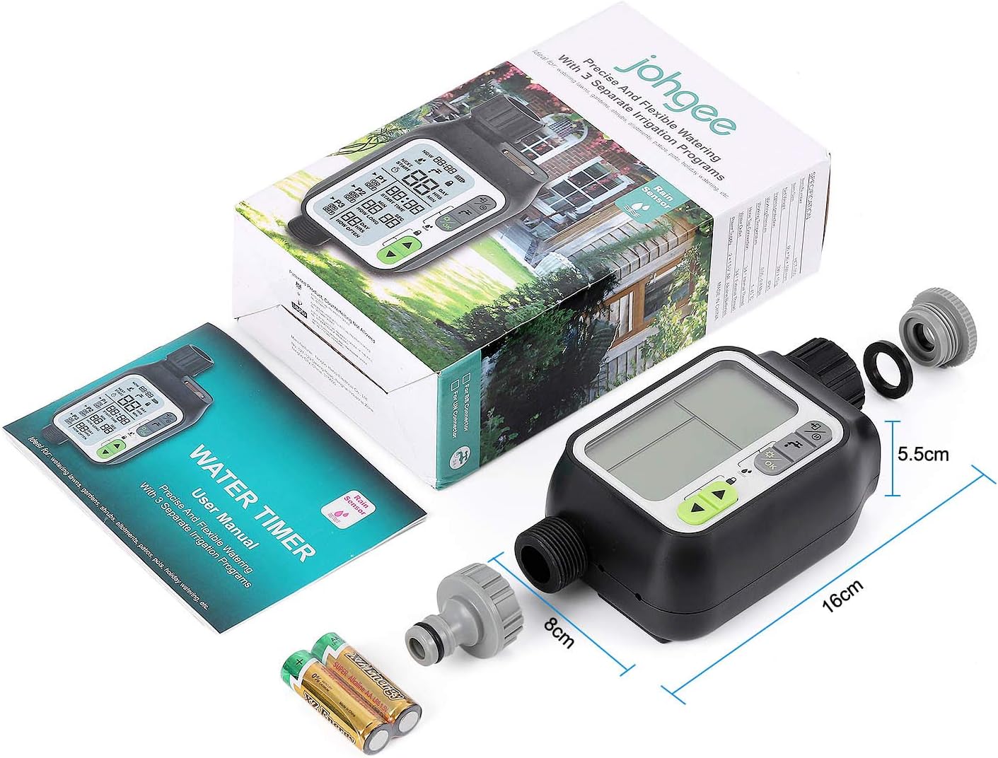 johgee Sprinkler Water Timer Digital Irrigation Timer Programmable Watering Timer Water Timer IP65 Waterproof/Rain Delay/Child Lock Mode/Auto&Manual Mode/Rain Sensor Function: Home & Kitchen