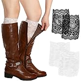 Tucnoeu 2 Pairs Elegant Lace Boot Cuffs for Women - Stretchy Lace Leg Warmers Socks Topper Cuff (Black & White)