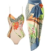 Women's One Piece Swimsuit with Beach Cover Up Retro Floral Print Bathing Suits with Coverup Set Sarong Wrap Swim Suit 1 Piece Swimwear Set with Matching Skirt Beige Floral Medium